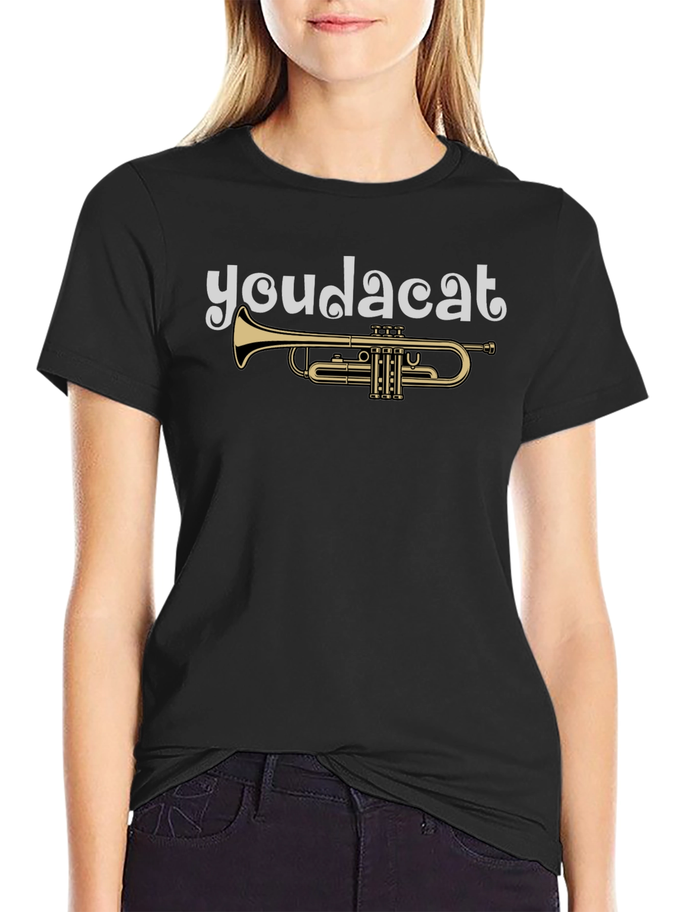 Youda Cat Trumpet Graphic Tee - Black Cotton T-Shirt