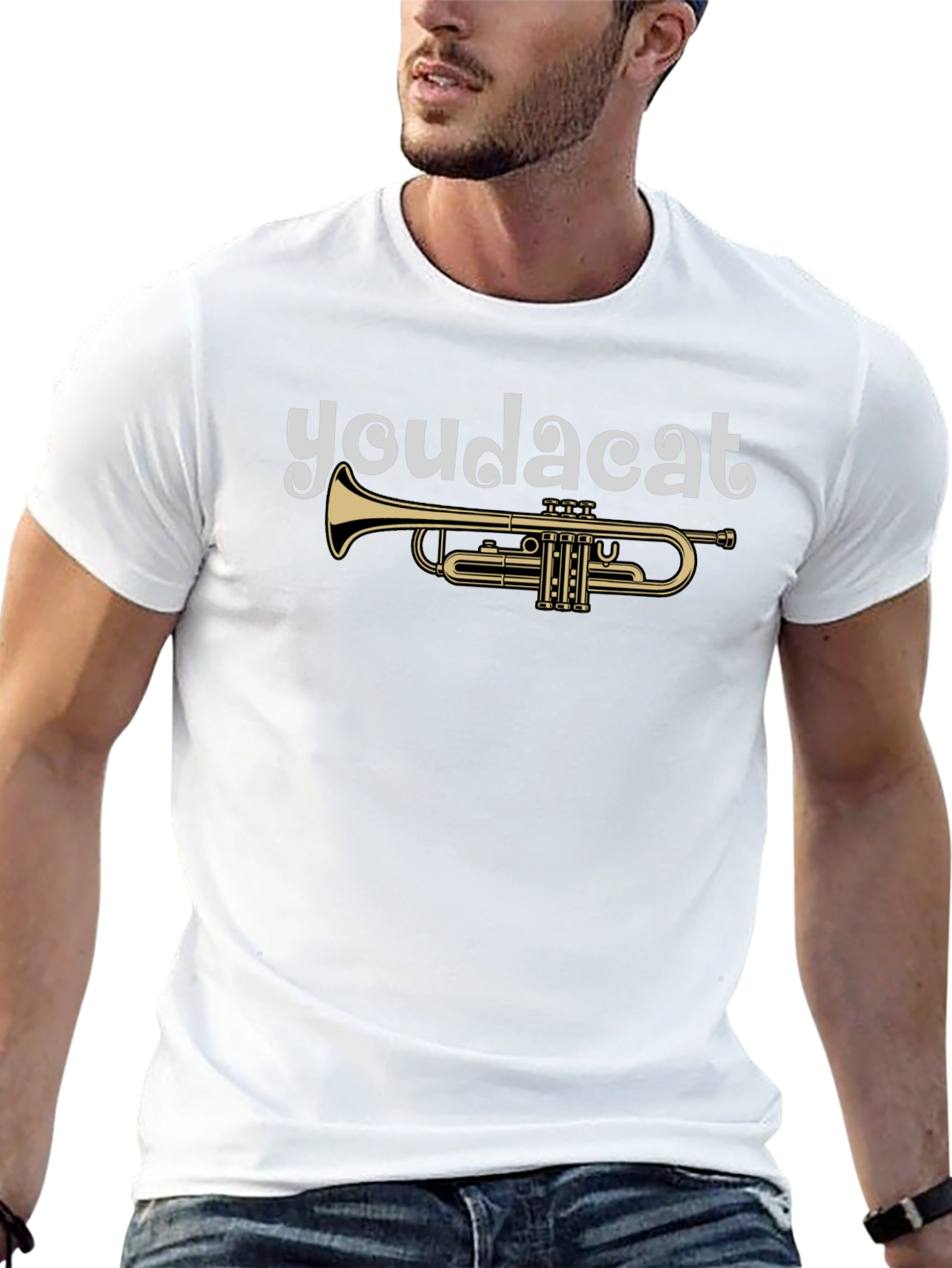 Youda Cat Trumpet Graphic Tee - Black Cotton T-Shirt