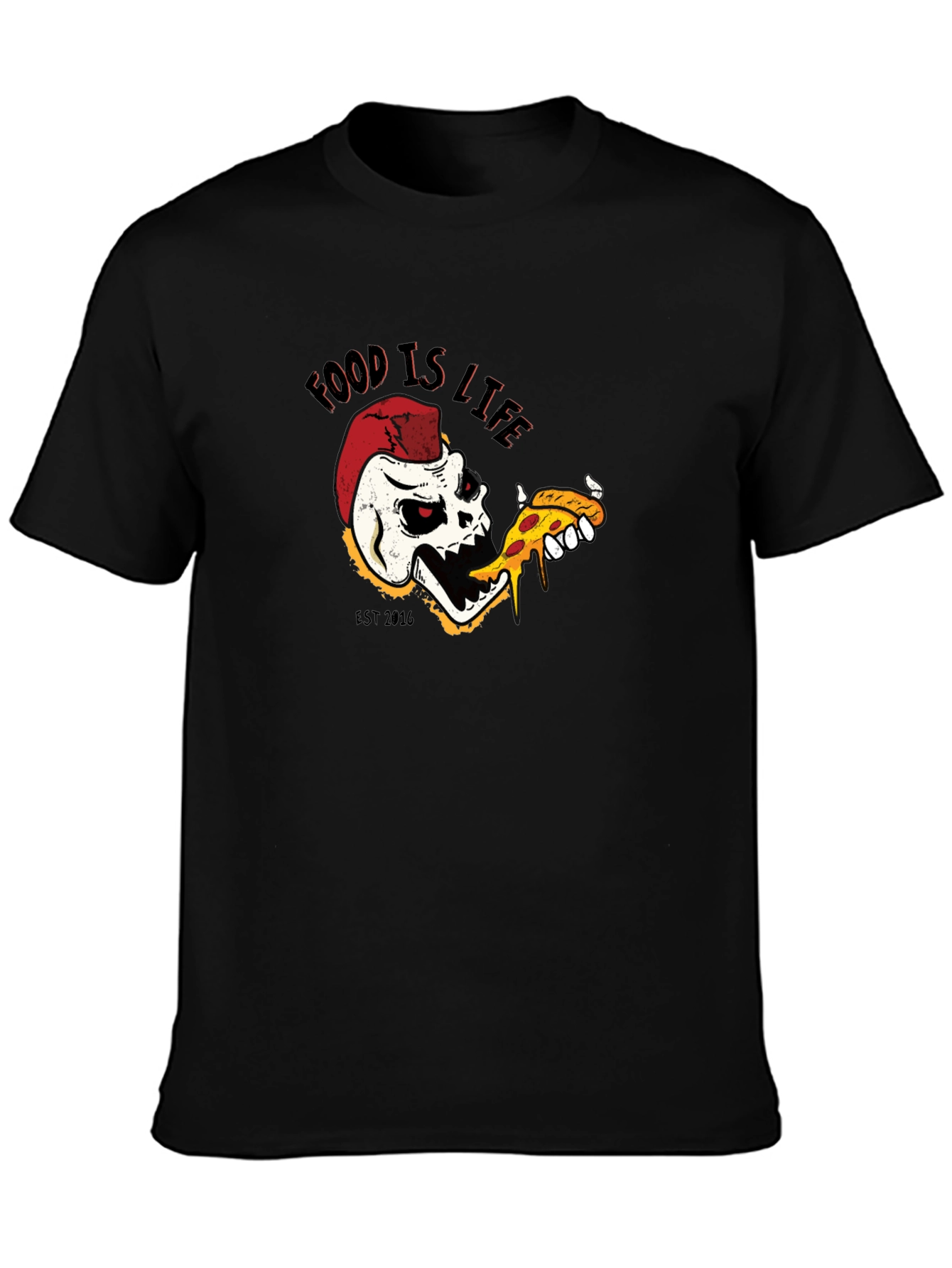 Food is Life Skull Pizza T-Shirt - Black