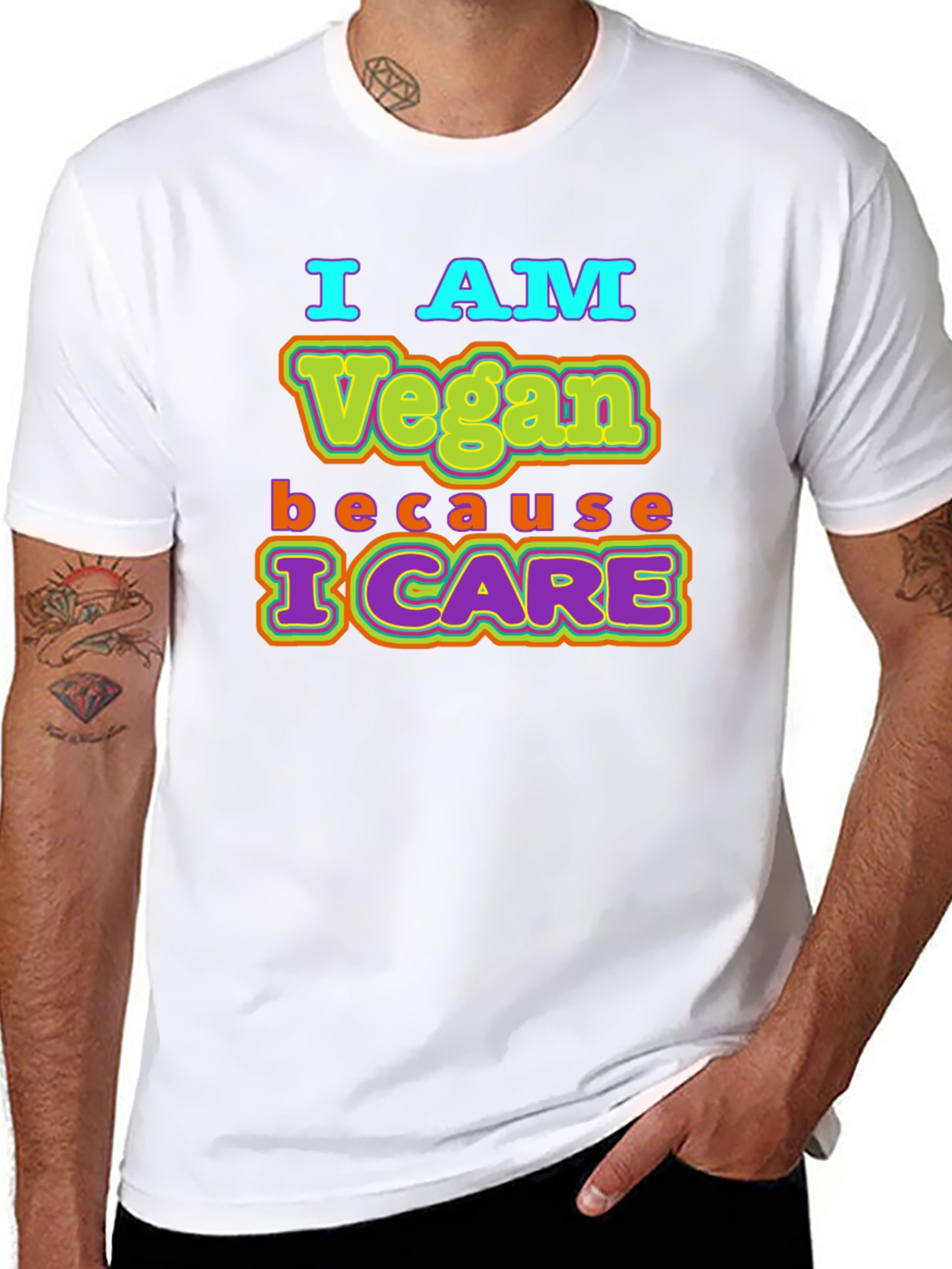 I AM Vegan Because I CARE Black T-Shirt