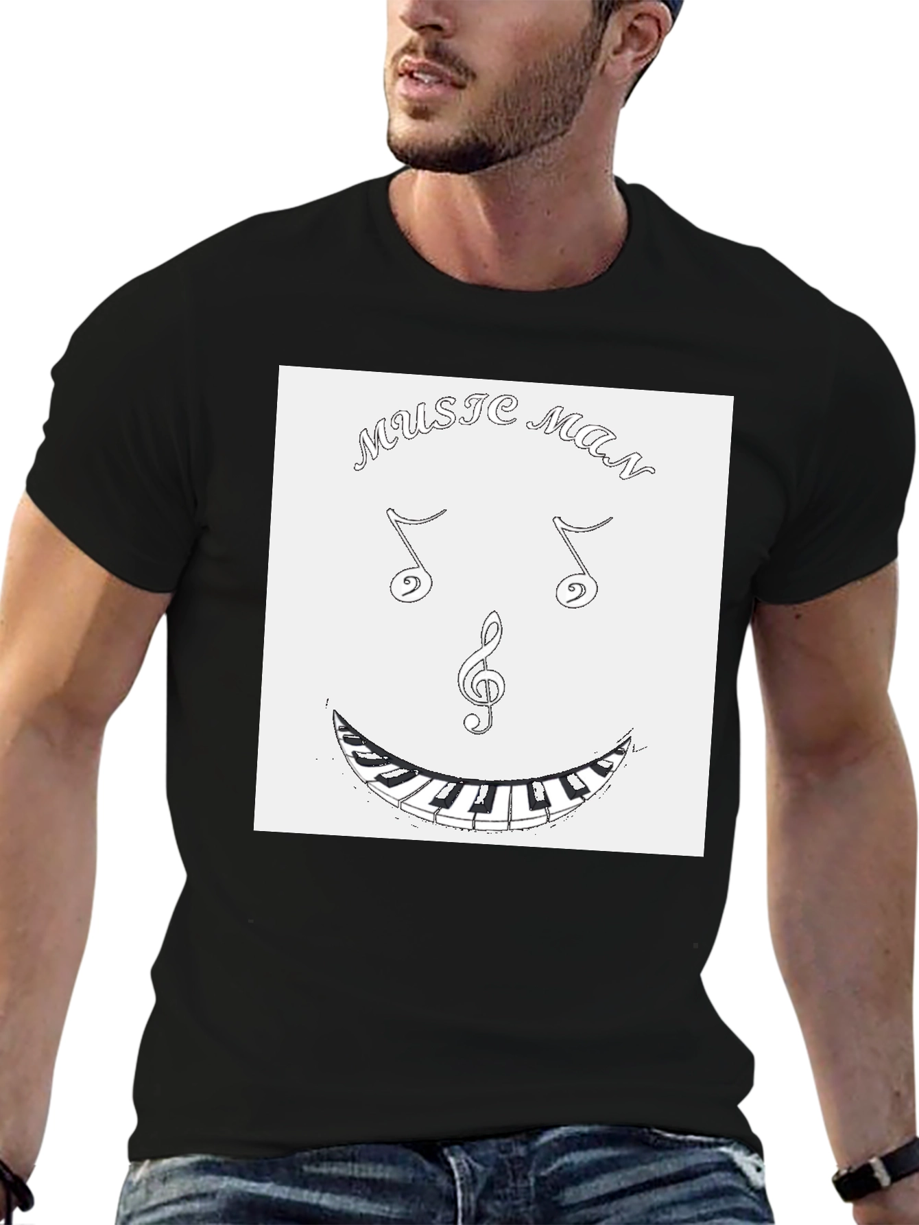 Music Man Face Tee - Black Graphic T-Shirt