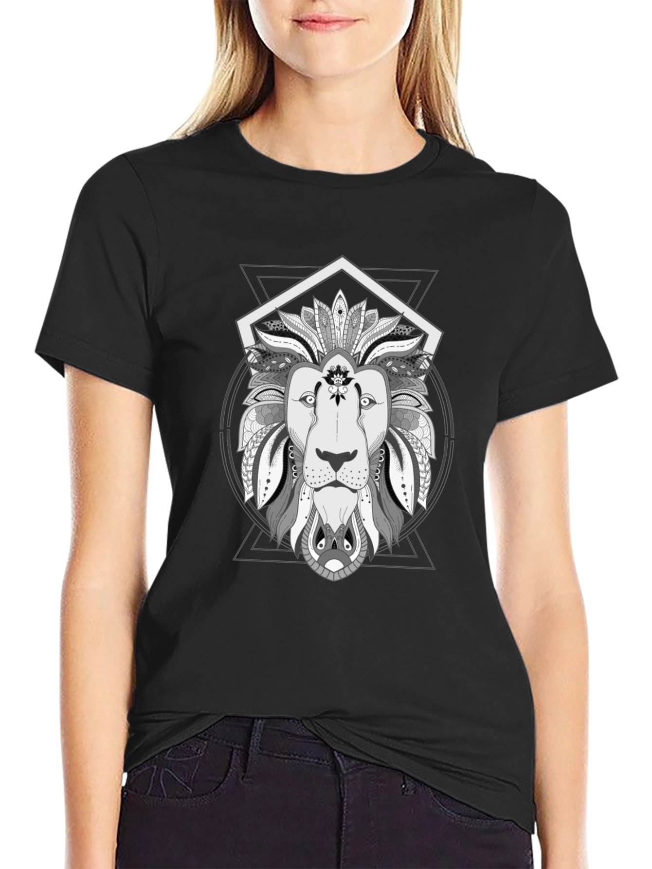 Geometric Lion Graphic Tee - Stylish Black T-Shirt