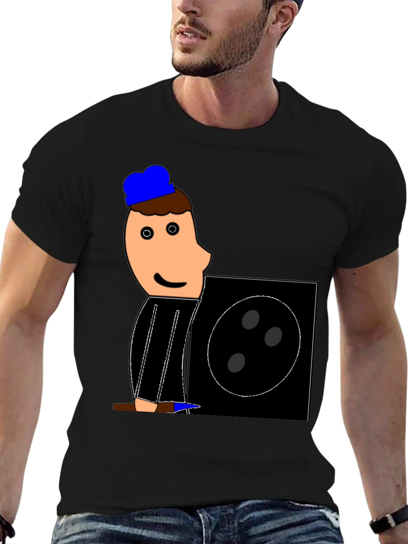Cartoon Figure Graphic Tee - Black Crew Neck