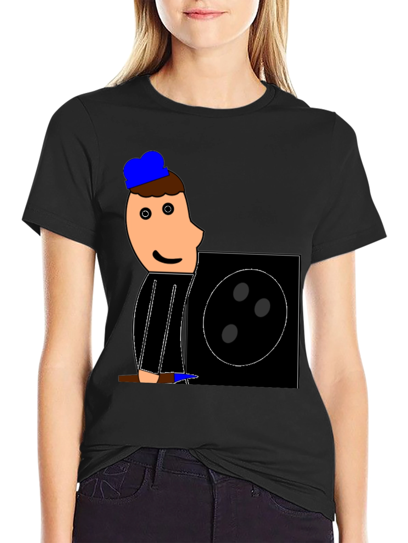 Cartoon Figure Graphic Tee - Black Crew Neck