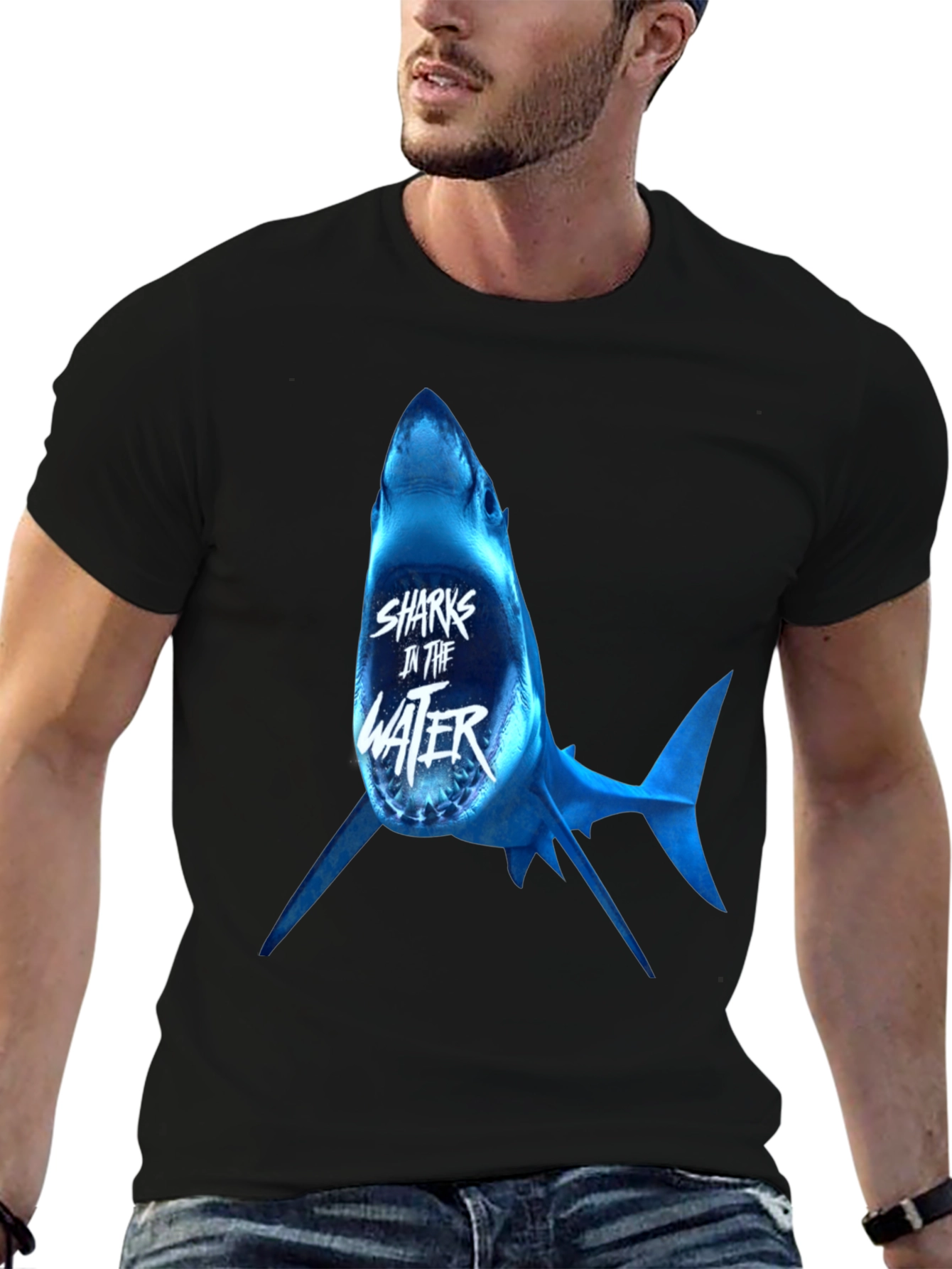 Sharks in the Water Graphic Print Black T-Shirt