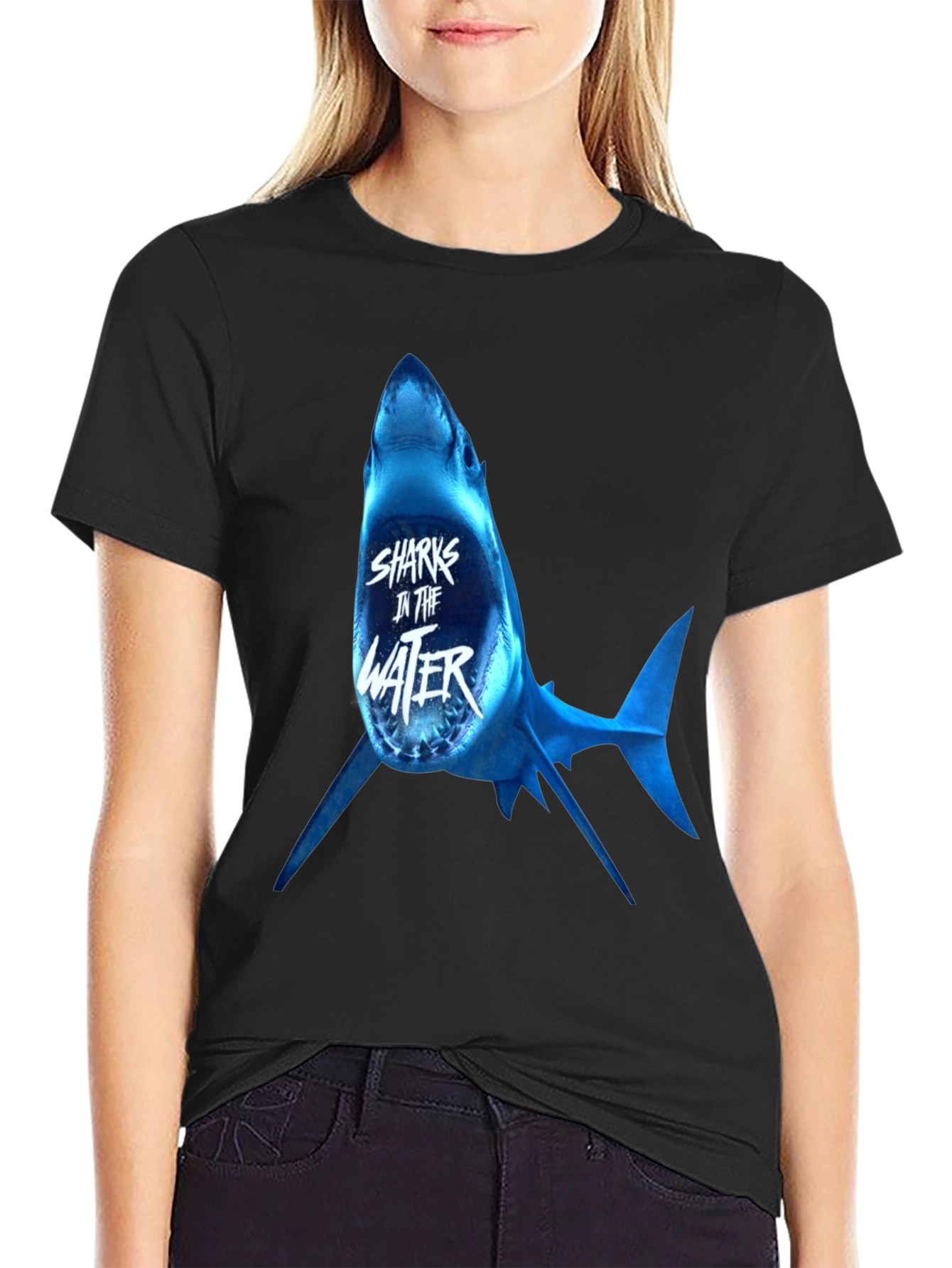 Sharks in the Water Graphic Print Black T-Shirt