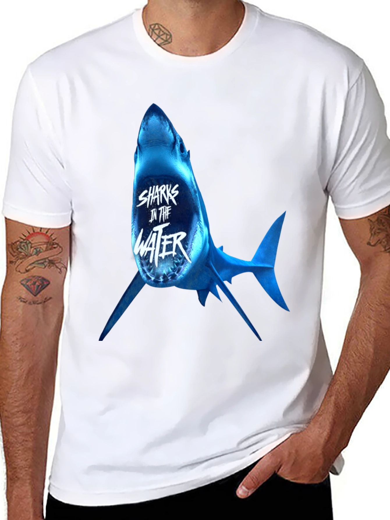 Sharks in the Water Graphic Print Black T-Shirt