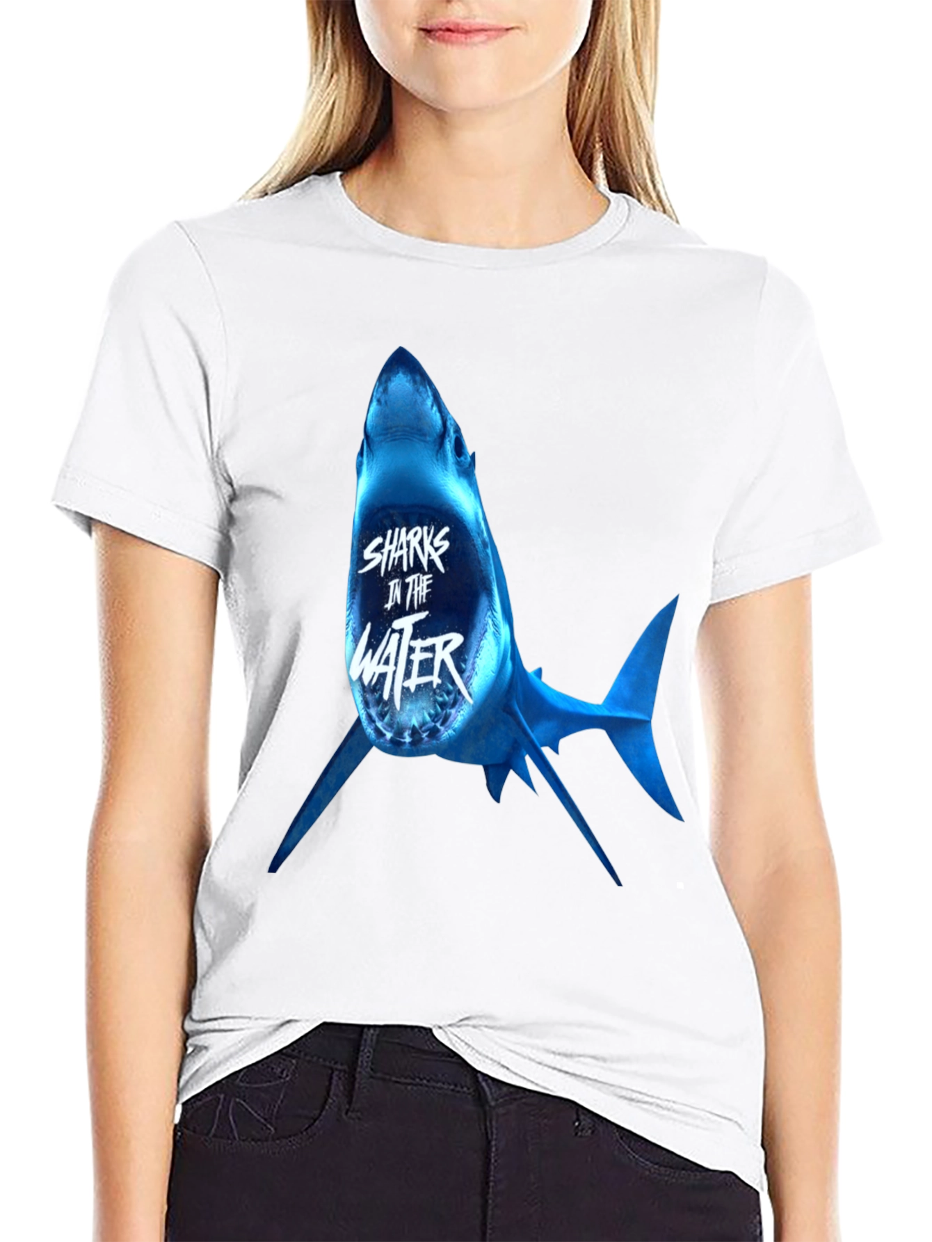Sharks in the Water Graphic Print Black T-Shirt