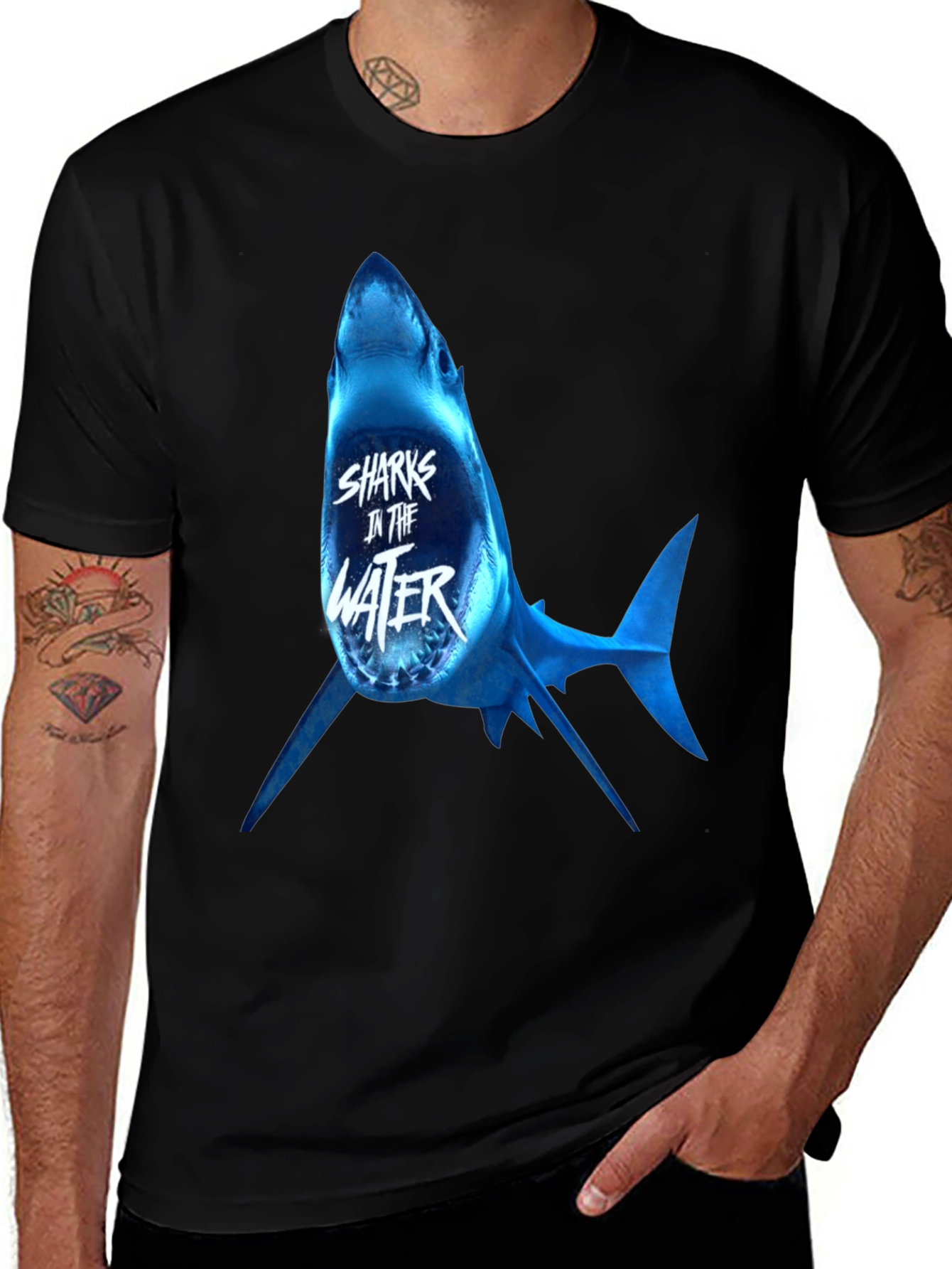 Sharks in the Water Graphic Print Black T-Shirt