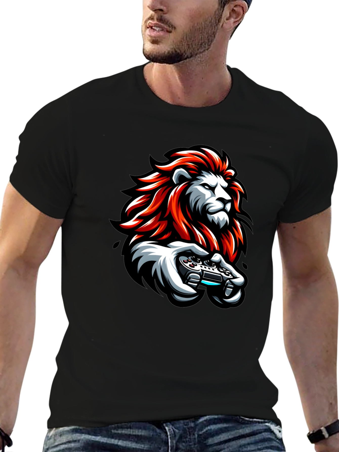Lion Gamer Black T-Shirt - Cool Graphic Tee