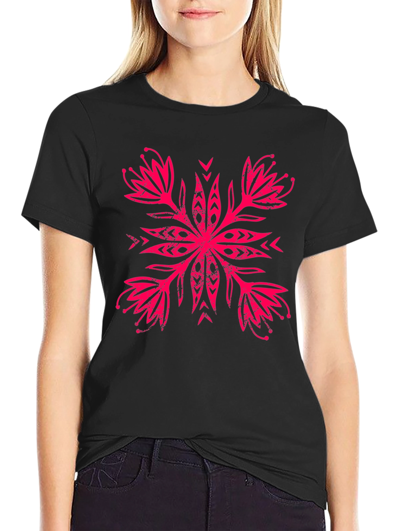 Black T-Shirt with Floral Motif