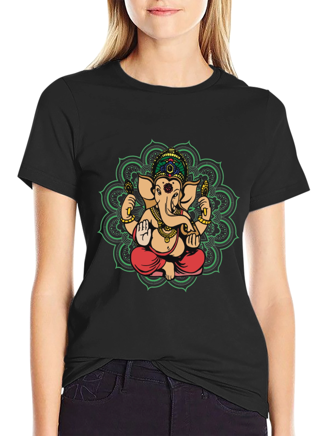 Ganesh Mandala Graphic Tee - Black Cotton Blend Shirt