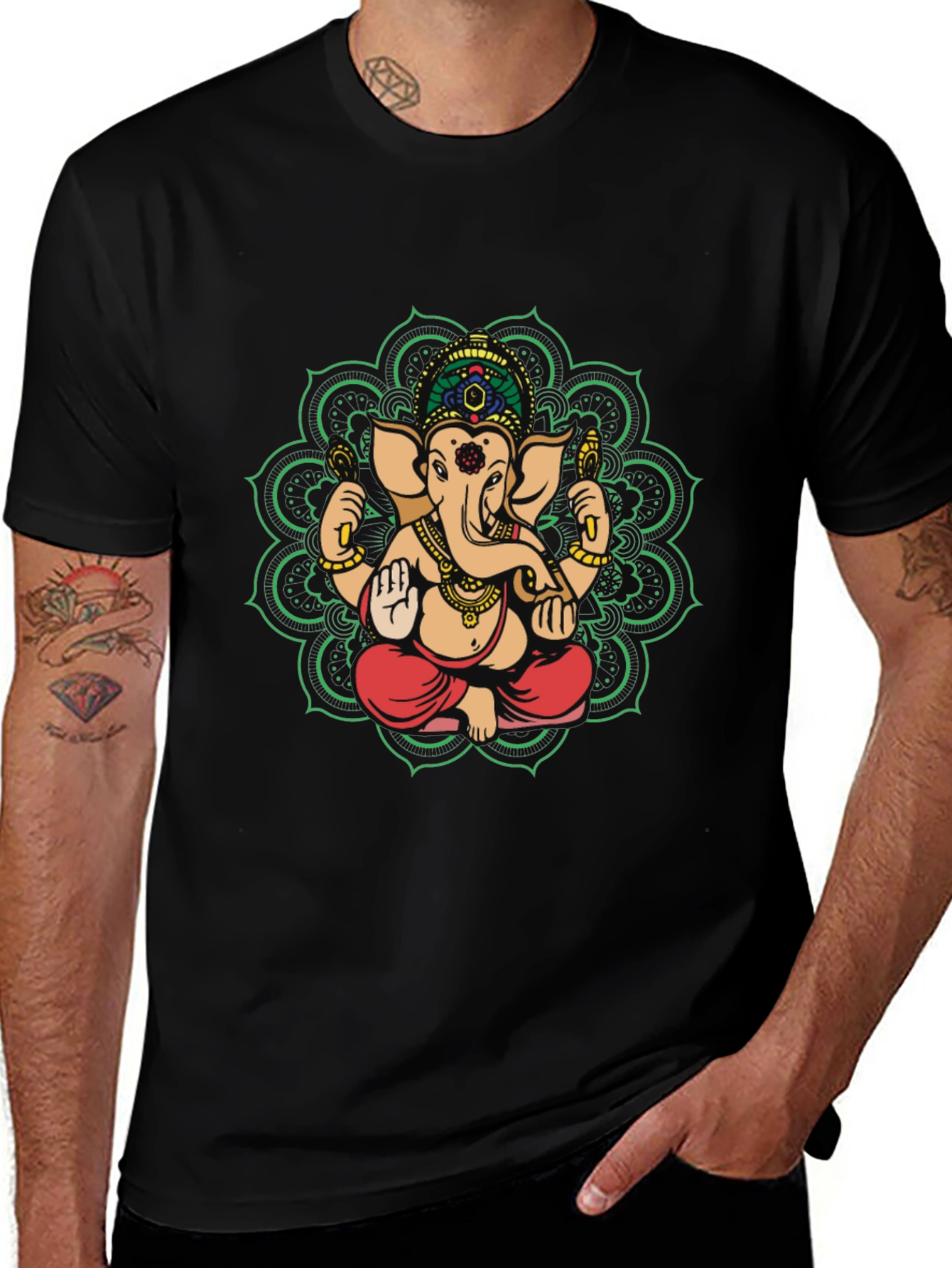 Ganesh Mandala Graphic Tee - Black Cotton Blend Shirt