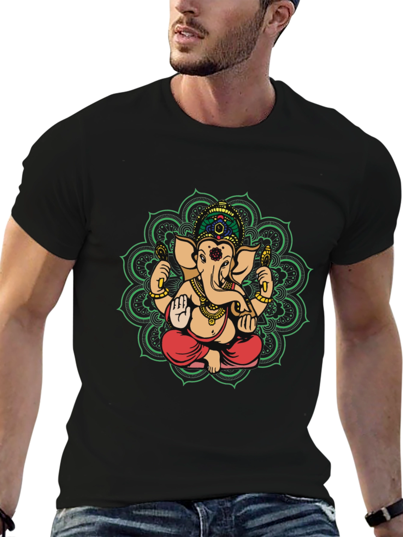 Ganesh Mandala Graphic Tee - Black Cotton Blend Shirt