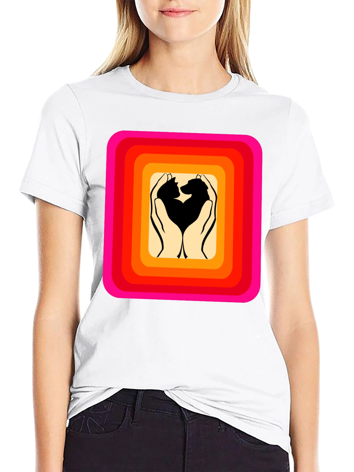 Retro Pet Love T-Shirt: Cat & Dog Hands Heart
