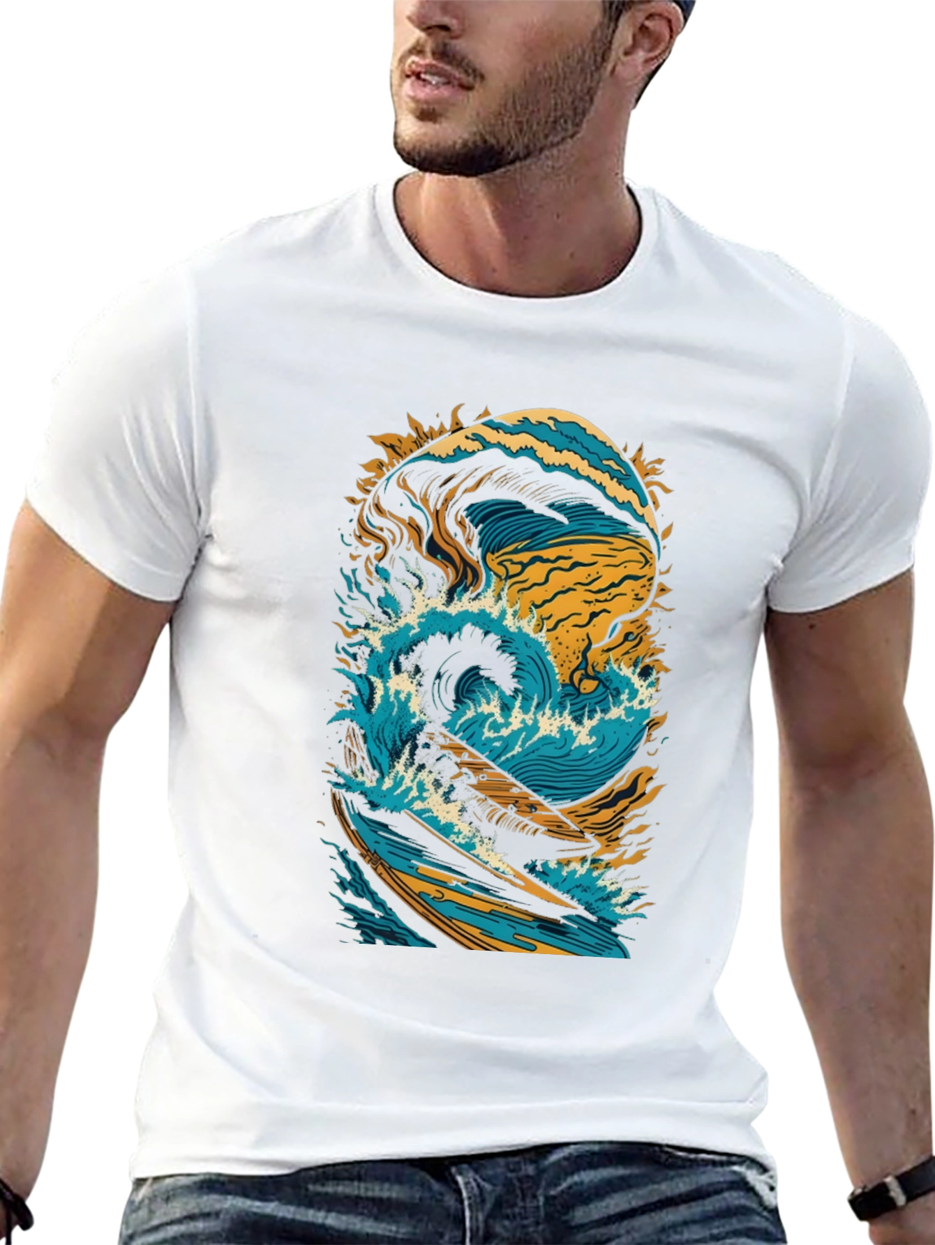 Surfing Wave Graphic Tee - Black Cotton Shirt