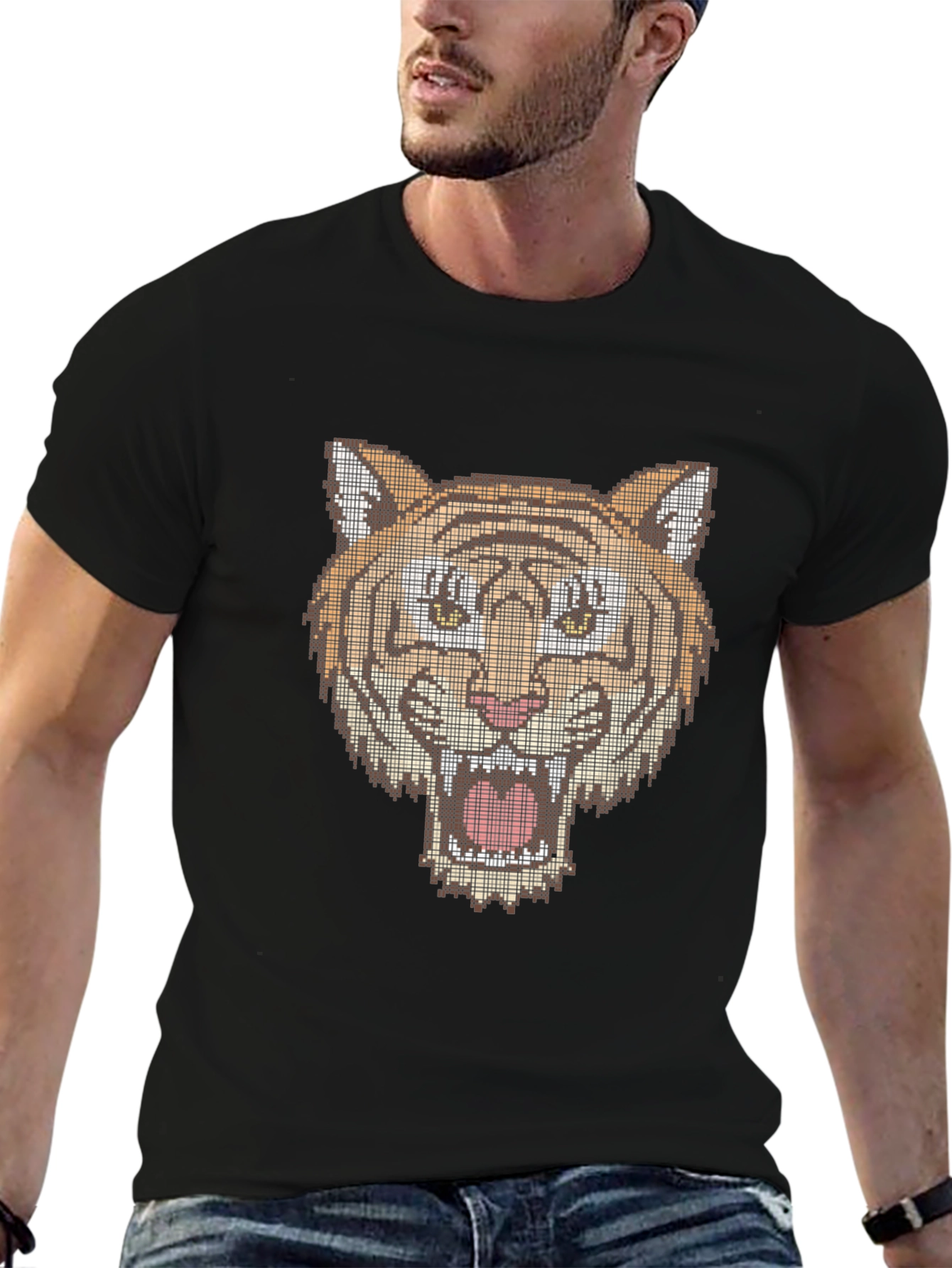 Pixel Tiger Graphic Tee - Black Cotton T-Shirt