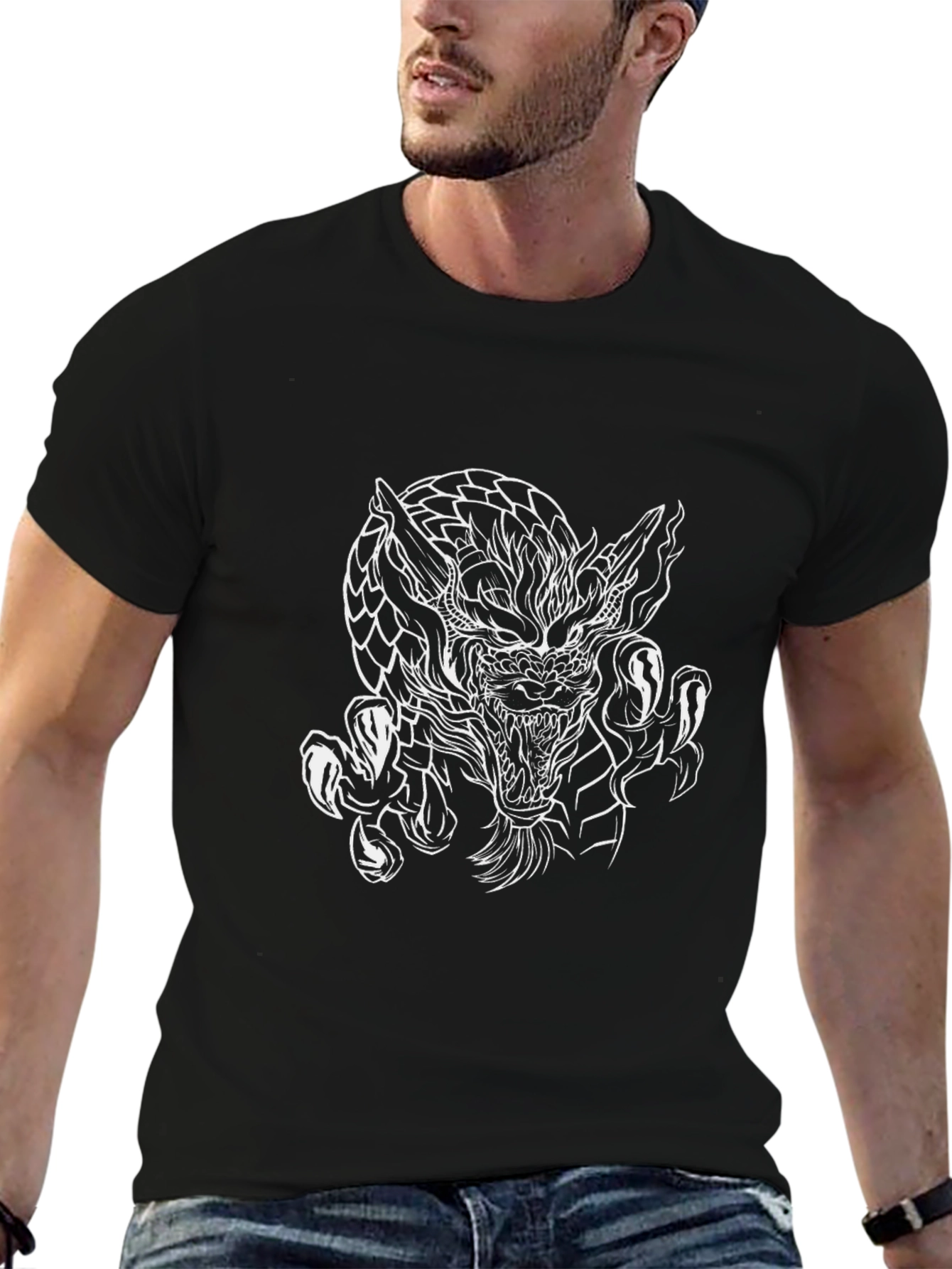 Mens Black Graphic Tee - Dragon Design