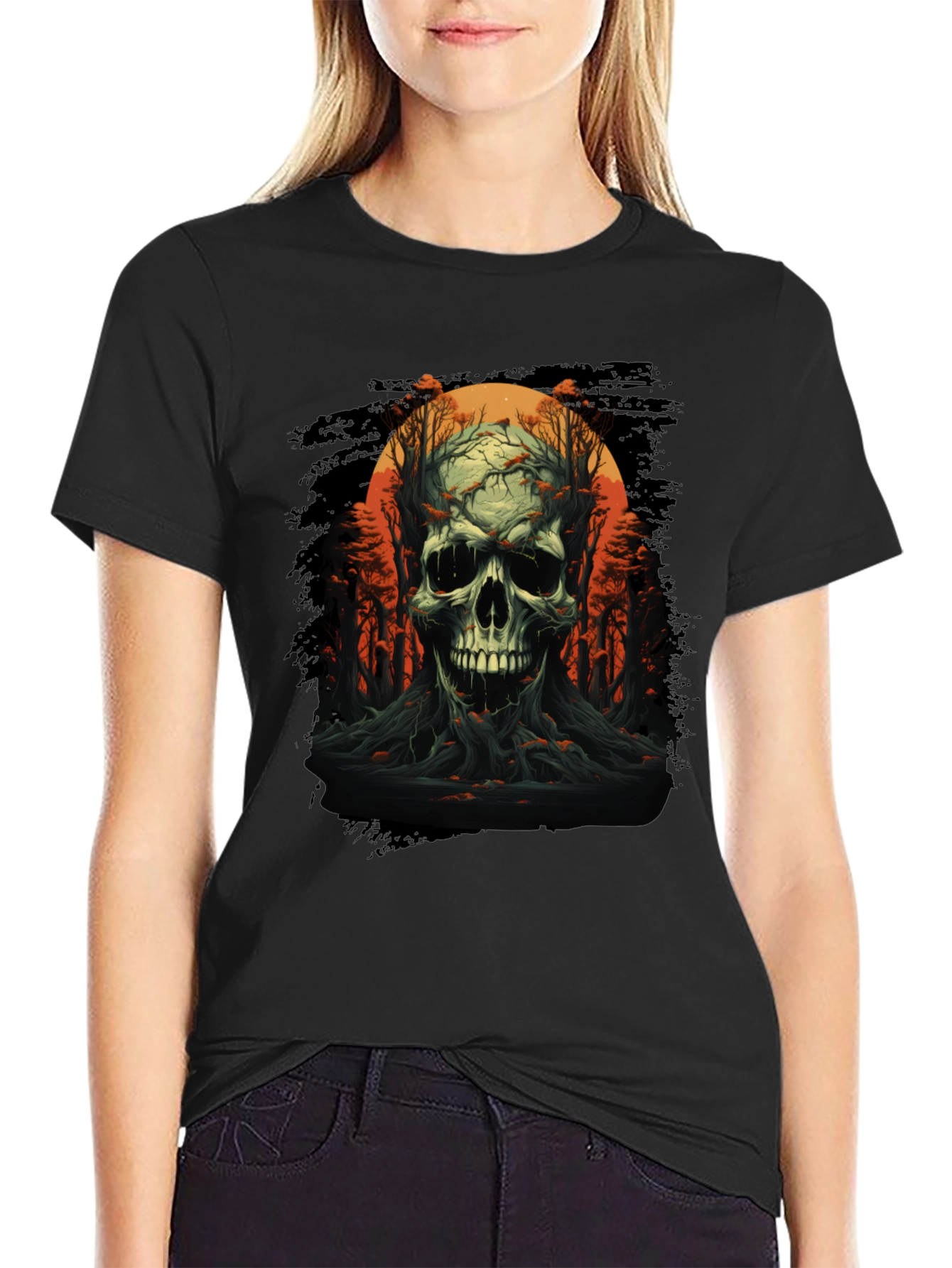 Skull and Forest Graphic Black T-Shirt