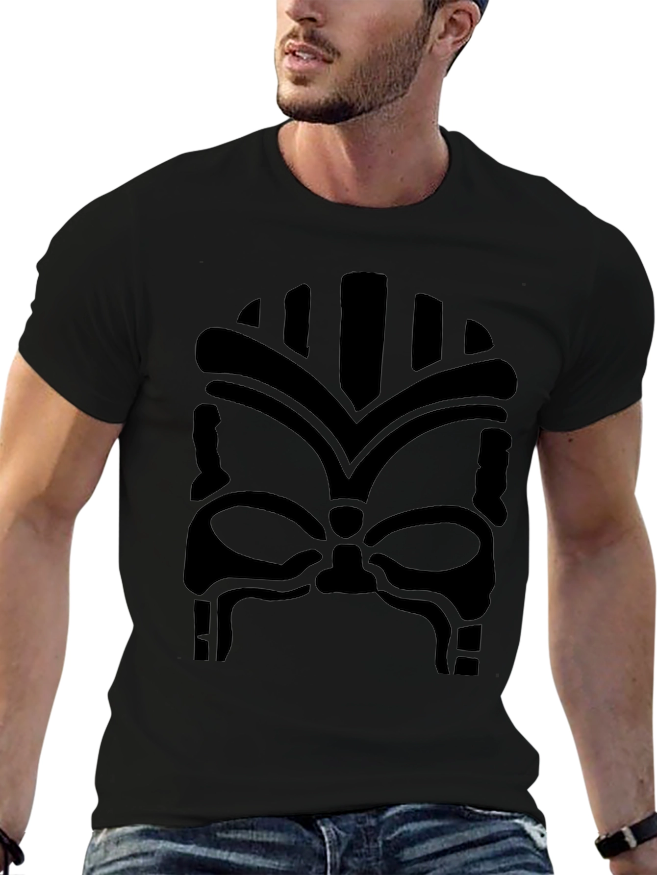 Tribal Mask Graphic T-Shirt - Bold Black Design