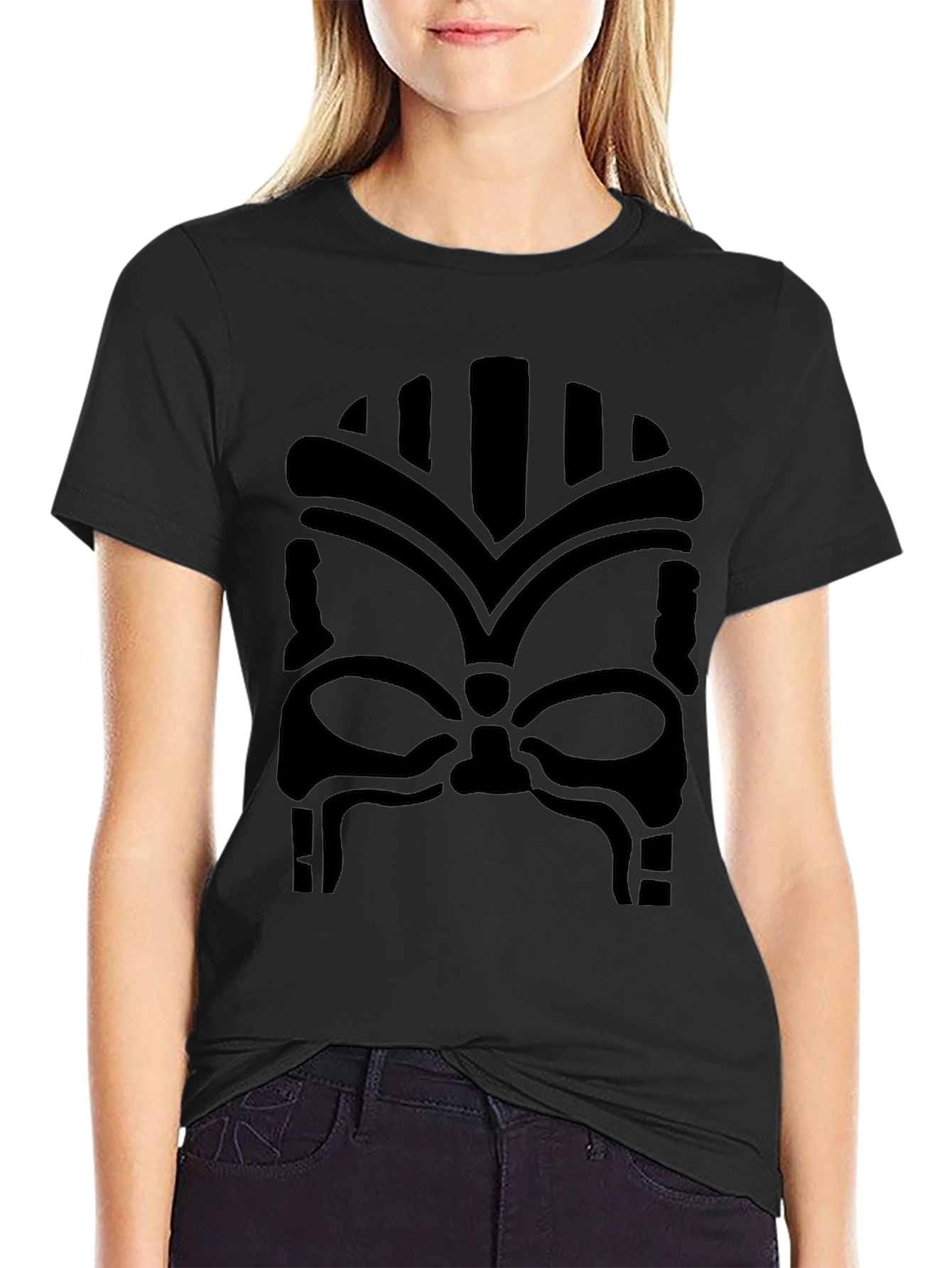 Tribal Mask Graphic T-Shirt - Bold Black Design
