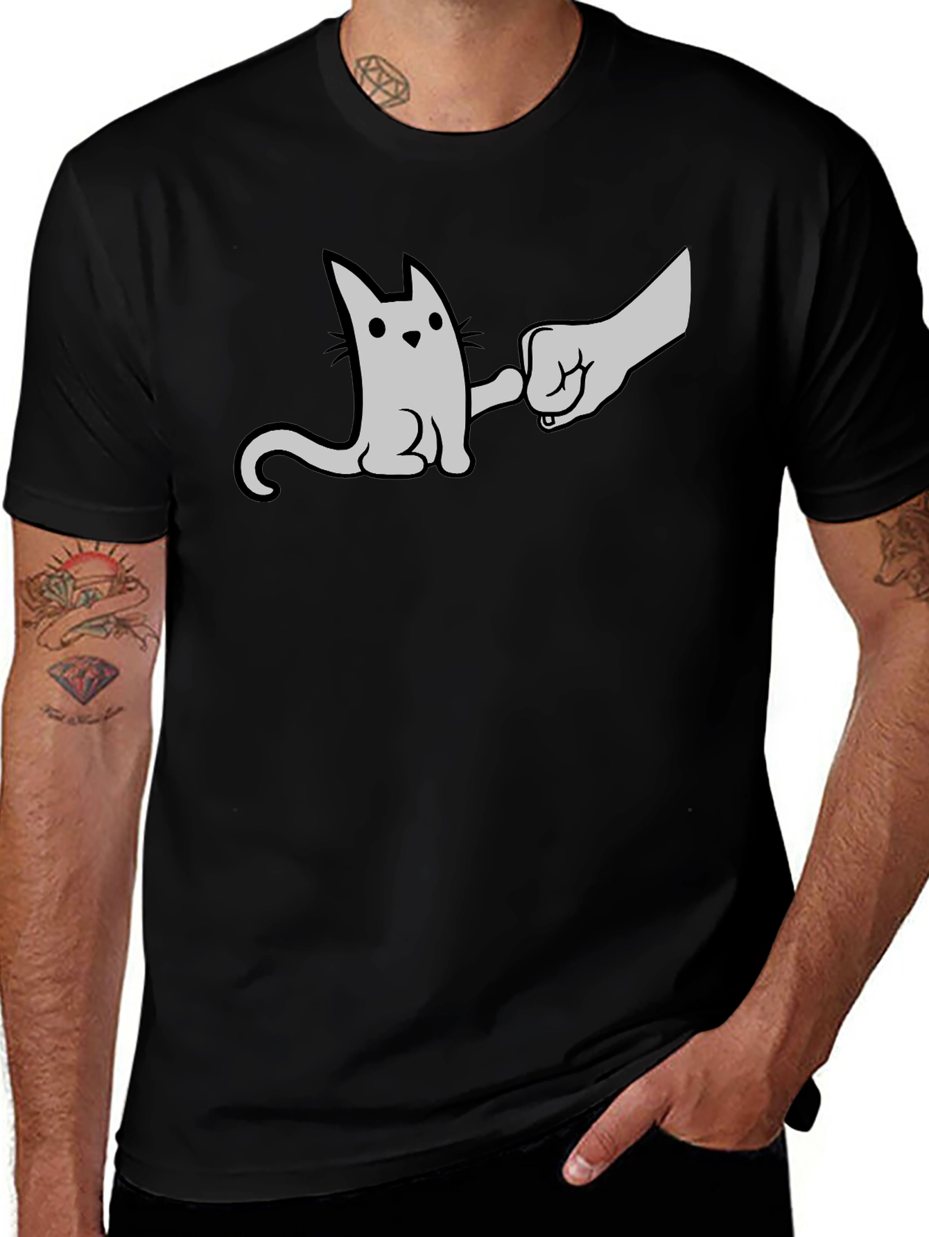 Cat Fist Bump Graphic T-Shirt - Black