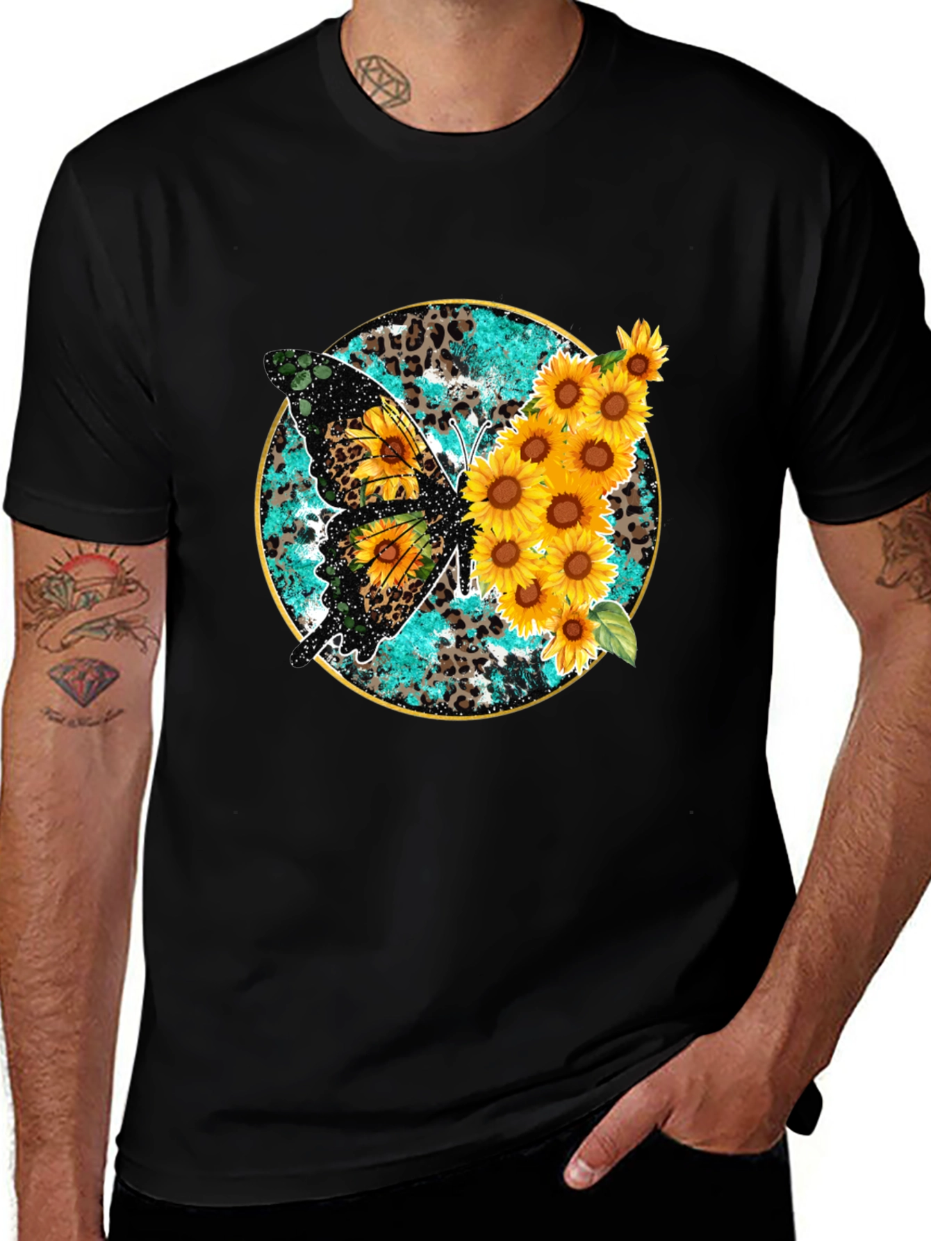 Butterfly & Sunflower Graphic Print Mens Tee