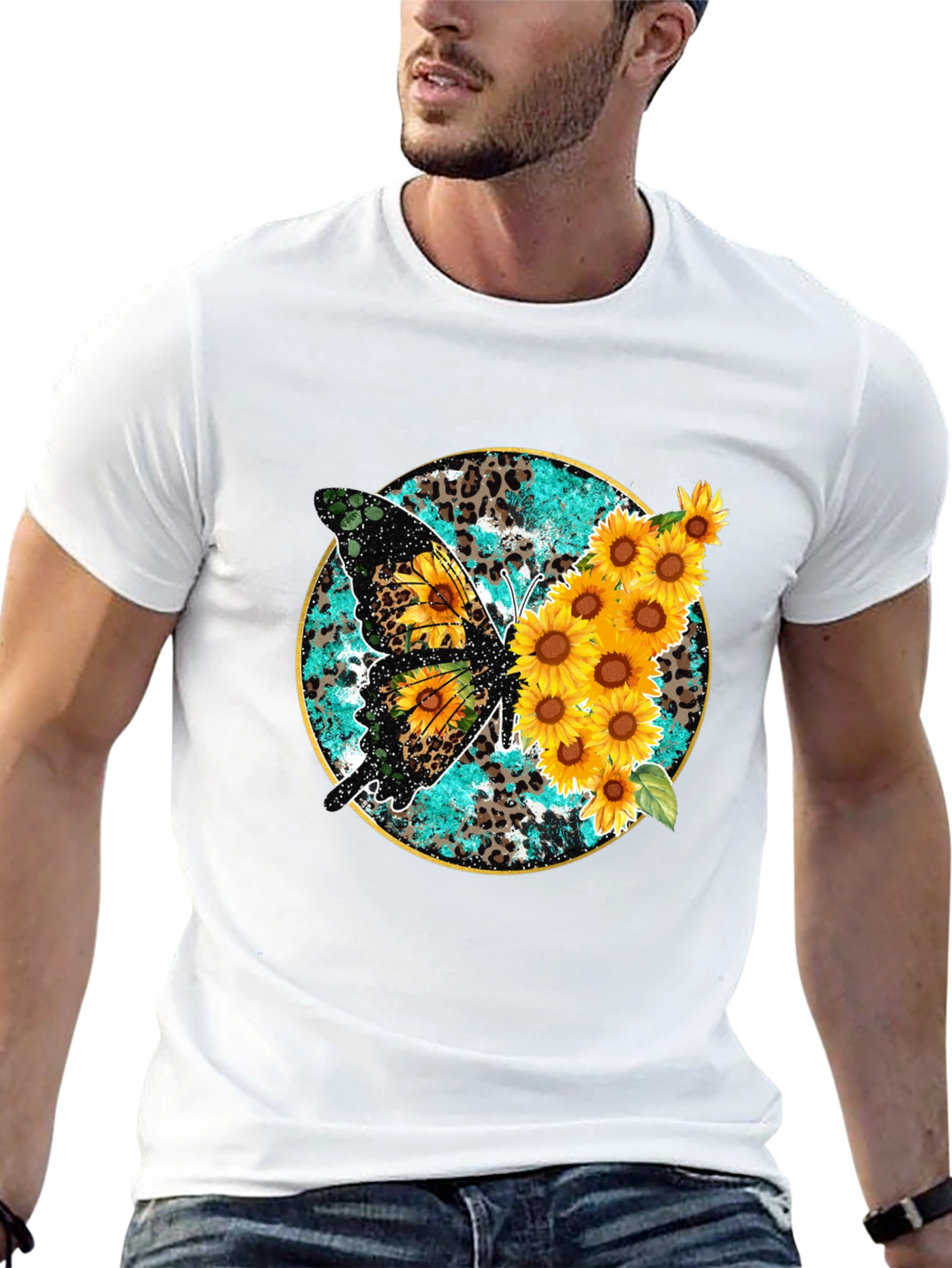Butterfly & Sunflower Graphic Print Mens Tee
