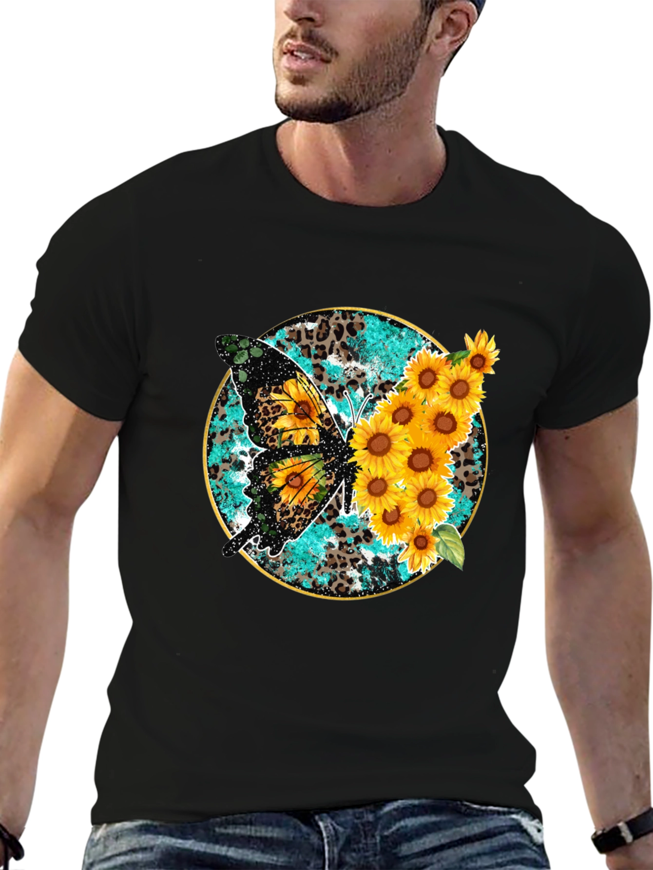 Butterfly & Sunflower Graphic Print Mens Tee