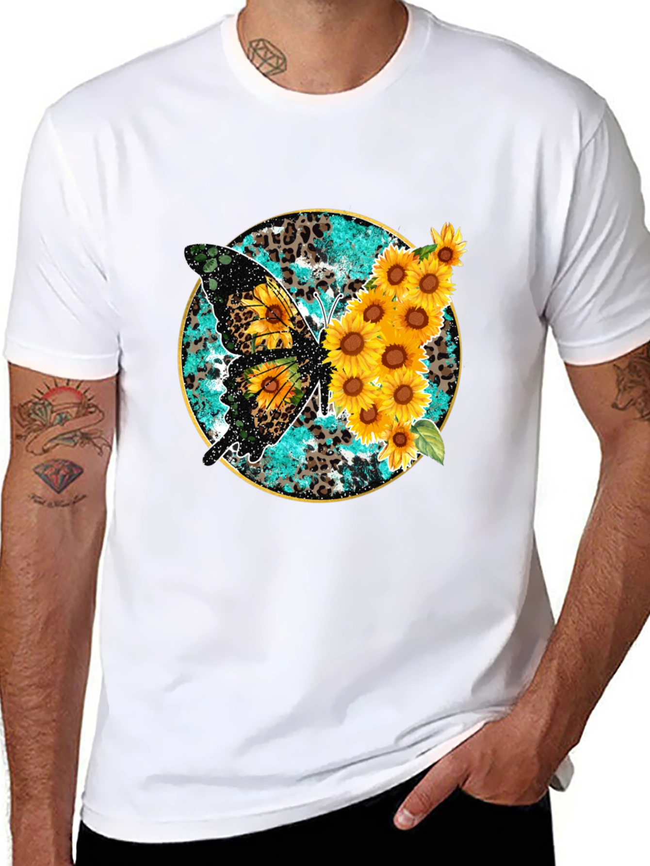 Butterfly & Sunflower Graphic Print Mens Tee