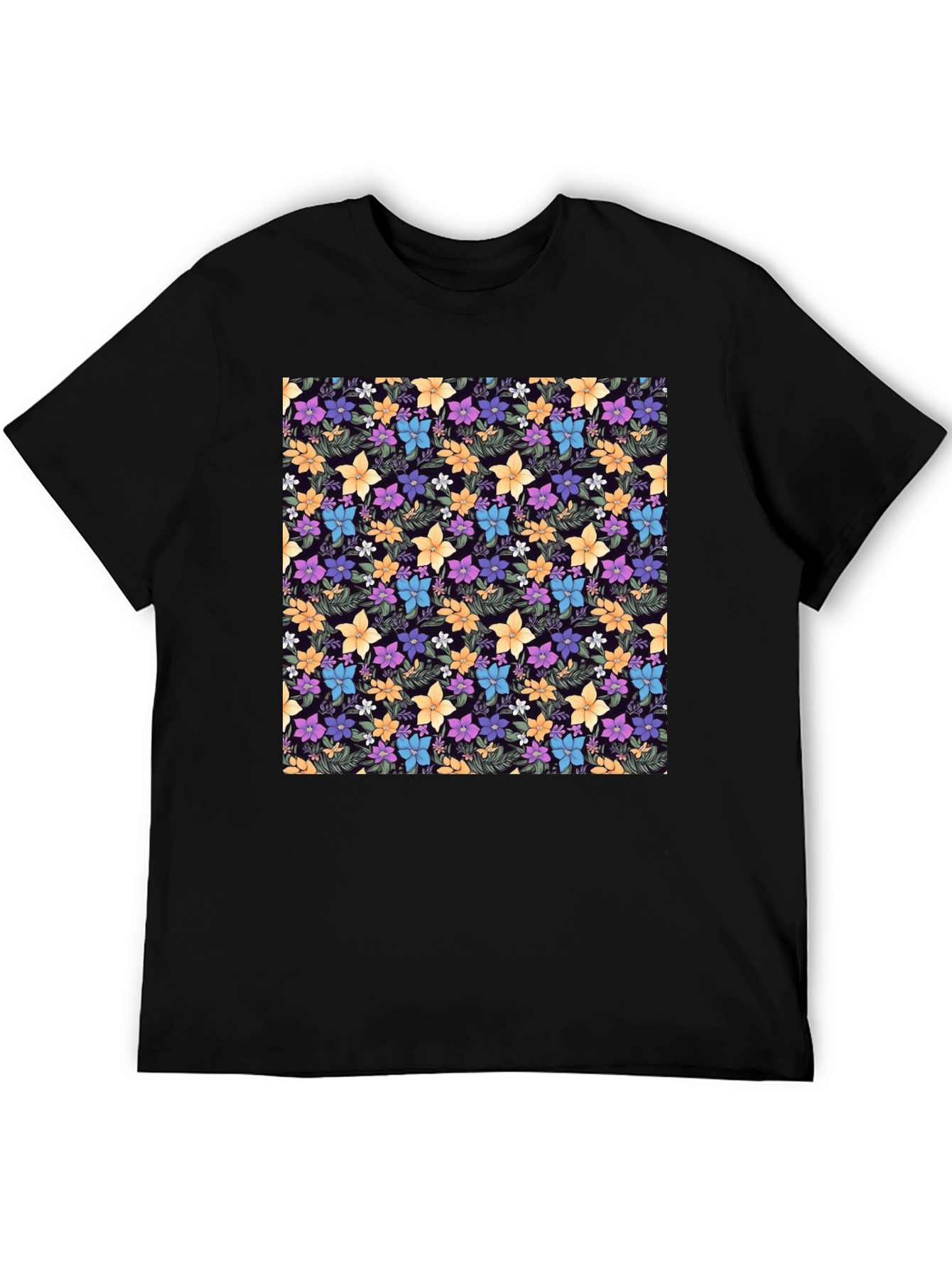Floral Print Black Crew Neck T-Shirt