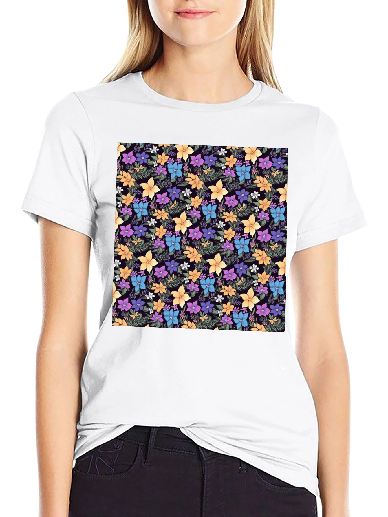 Floral Print Black Crew Neck T-Shirt