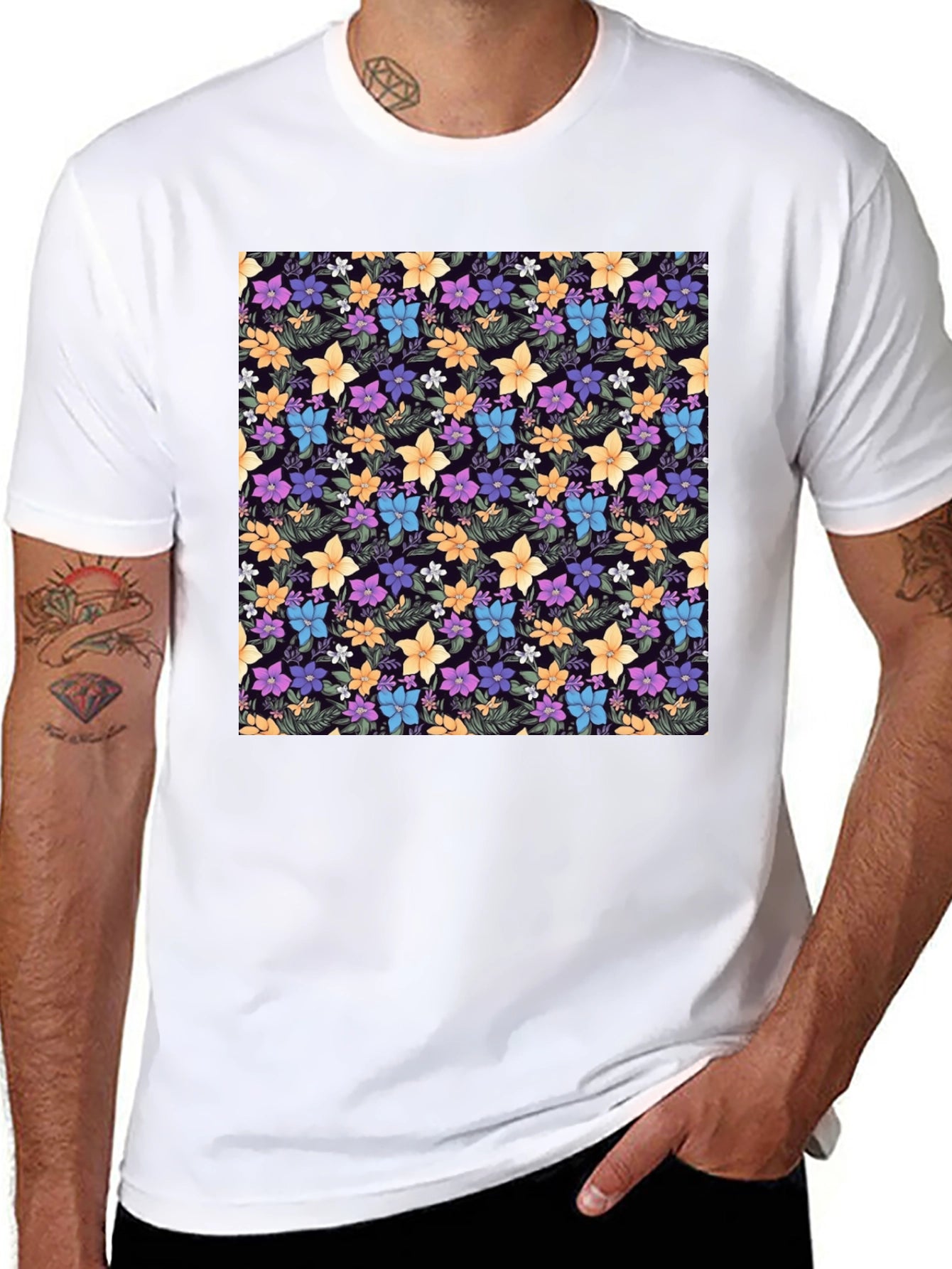 Floral Print Black Crew Neck T-Shirt