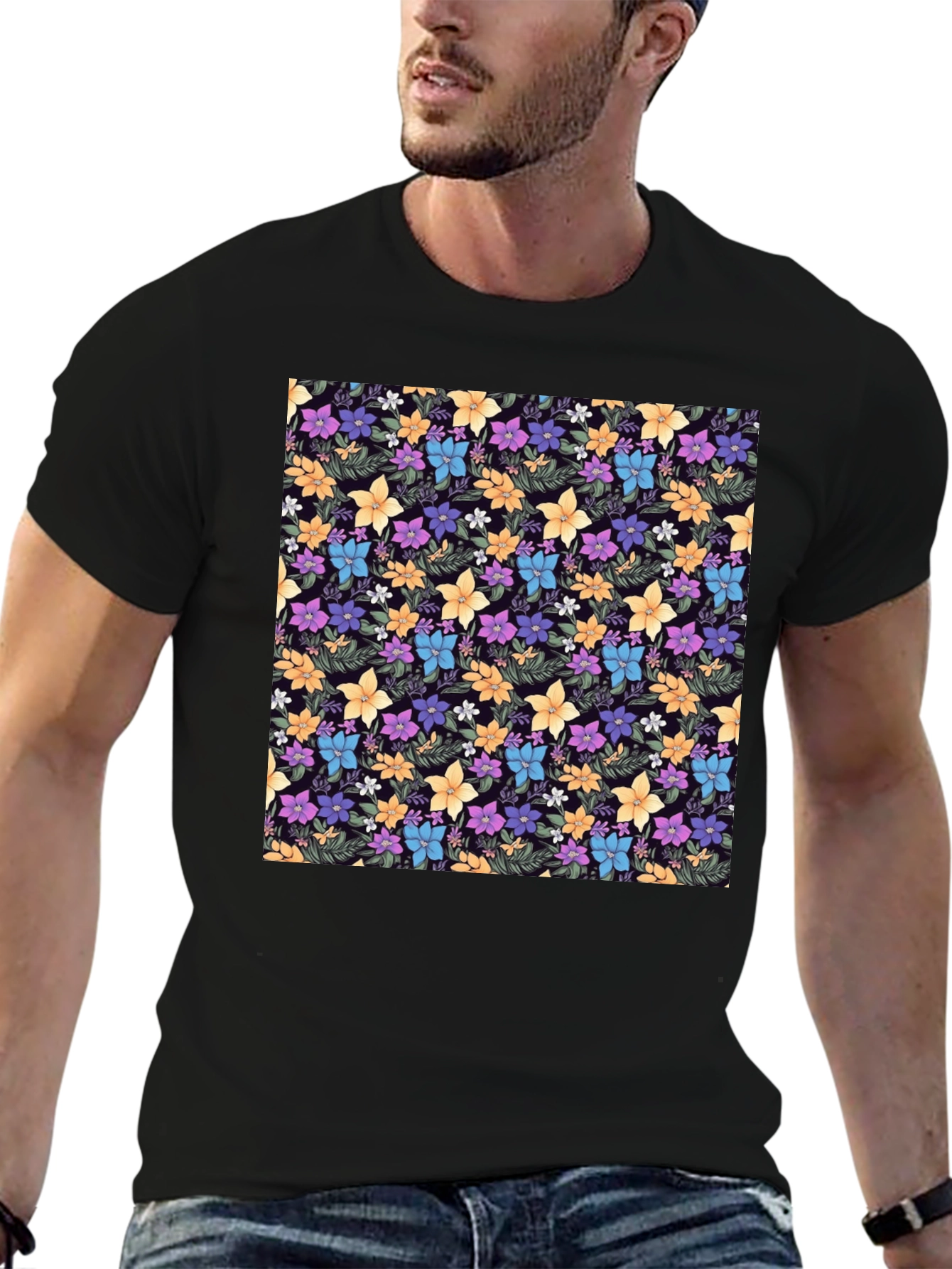 Floral Print Black Crew Neck T-Shirt