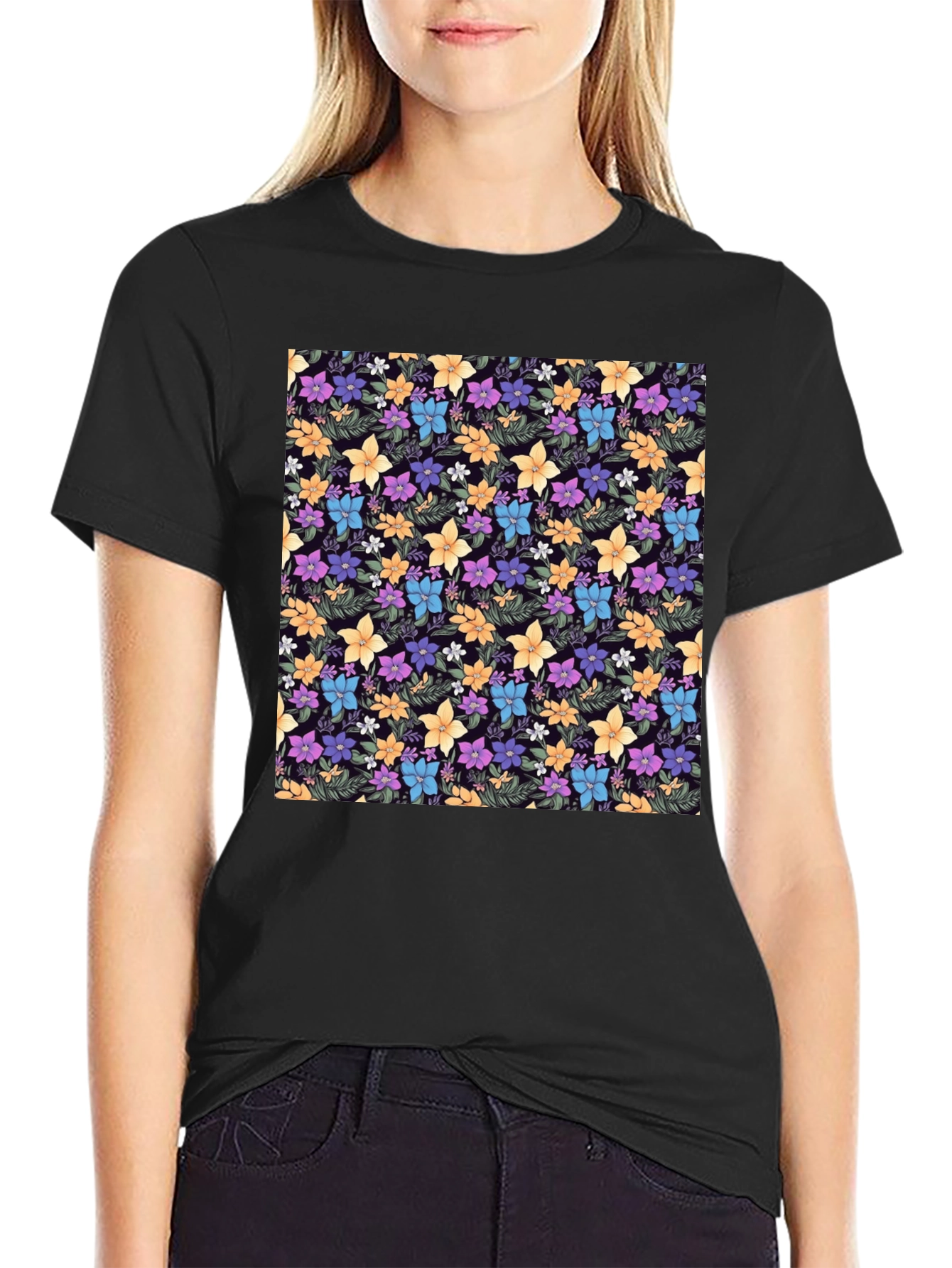 Floral Print Black Crew Neck T-Shirt