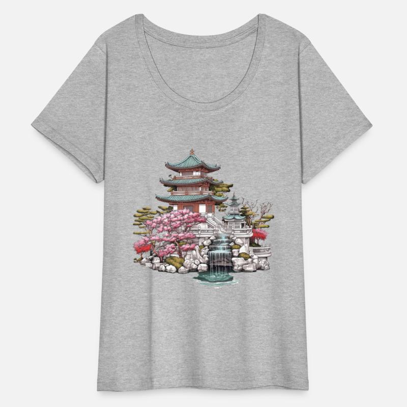 Asian cultured building with blossom tree and lake