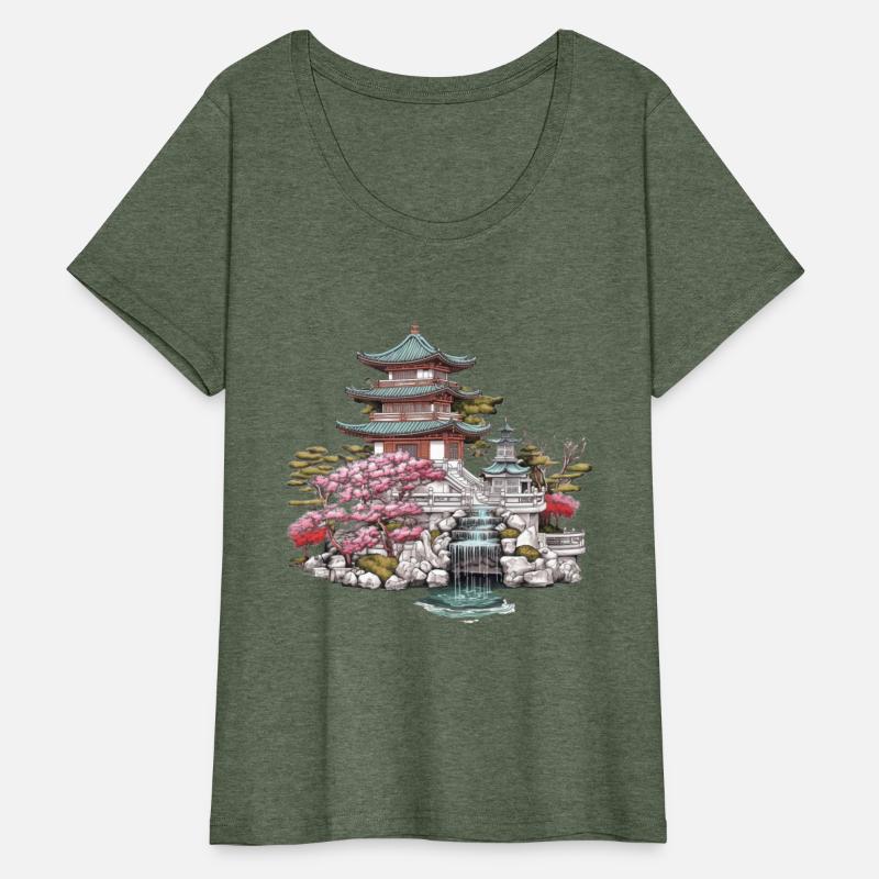 Asian cultured building with blossom tree and lake