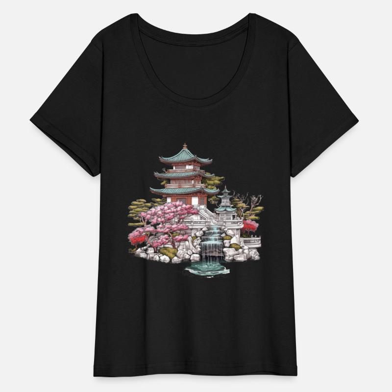 Asian cultured building with blossom tree and lake