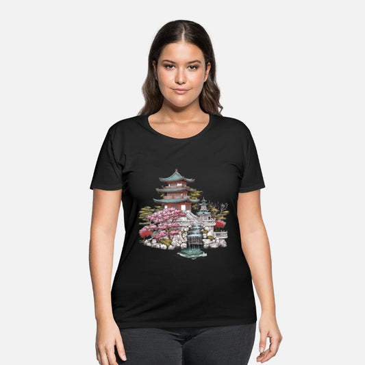 Asian cultured building with blossom tree and lake