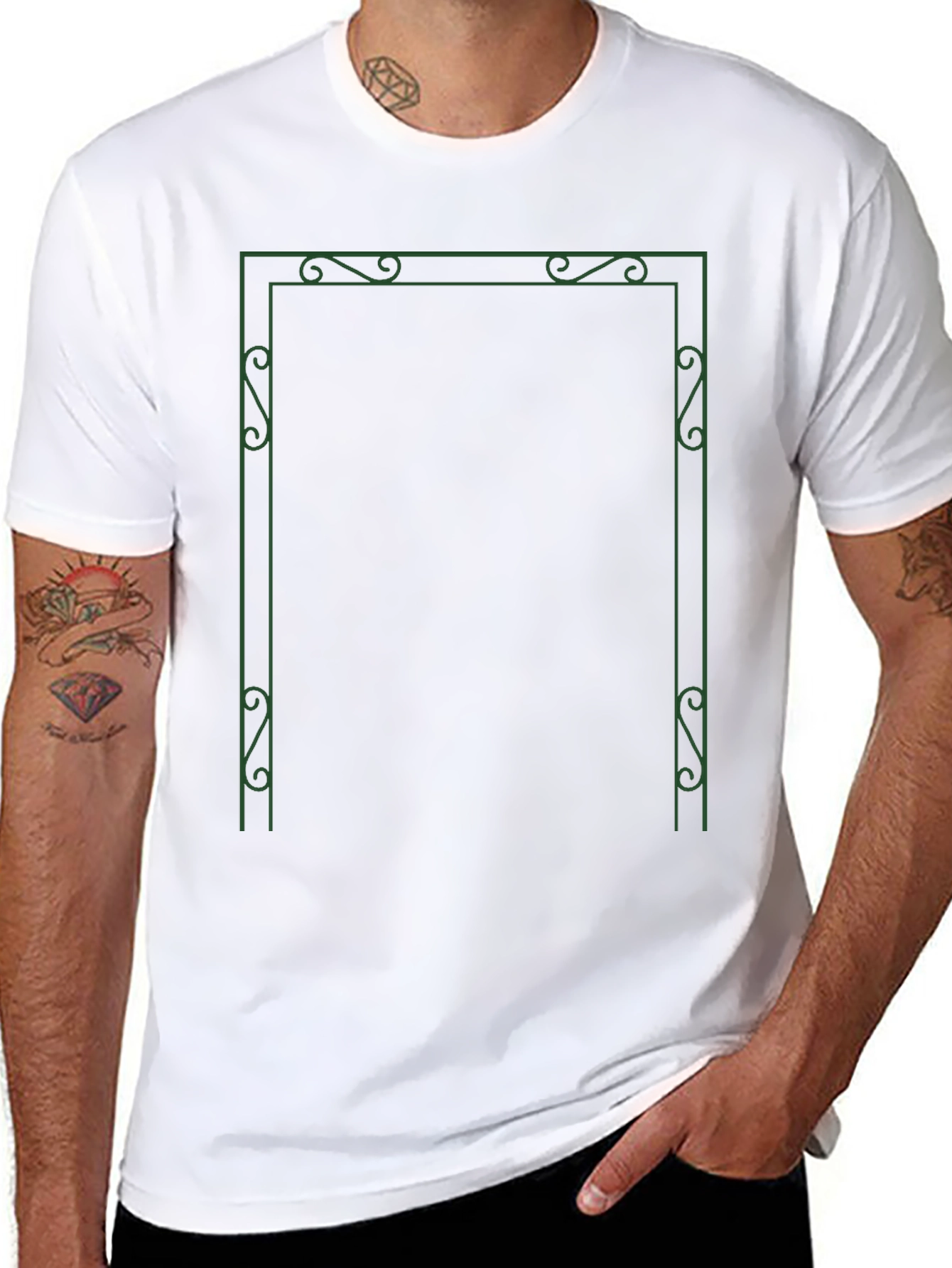 Stylish Black T-Shirt with Green Ornamental Frame Design