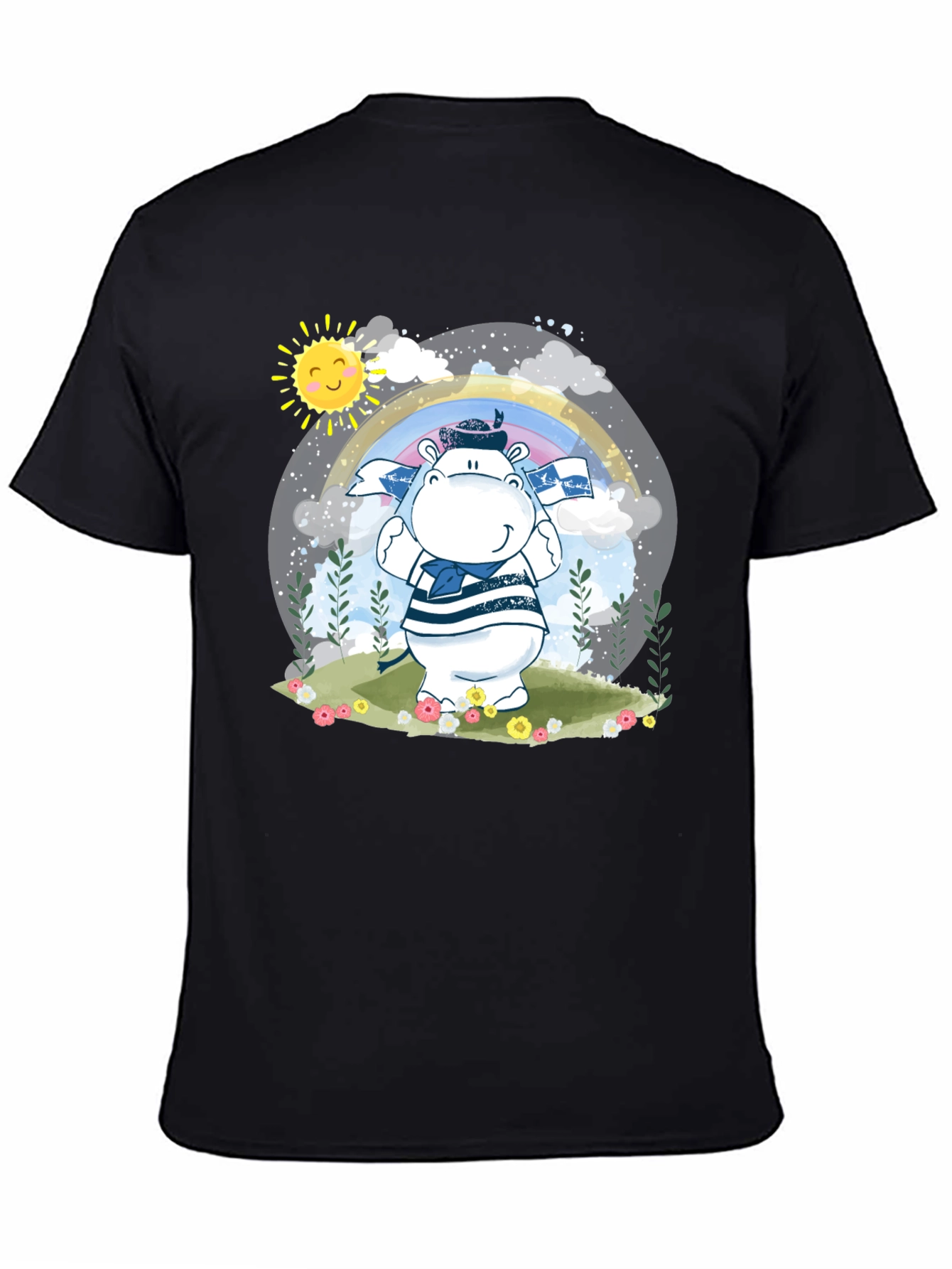 Cute Hippo Sailor T-Shirt - Black Cotton Tee