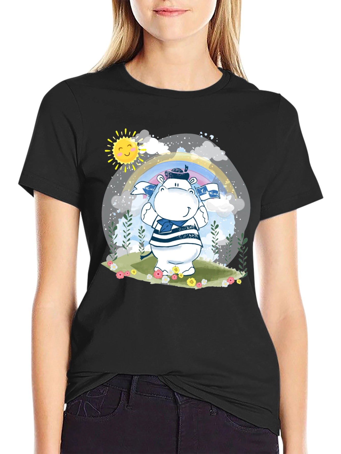 Cute Hippo Sailor T-Shirt - Black Cotton Tee