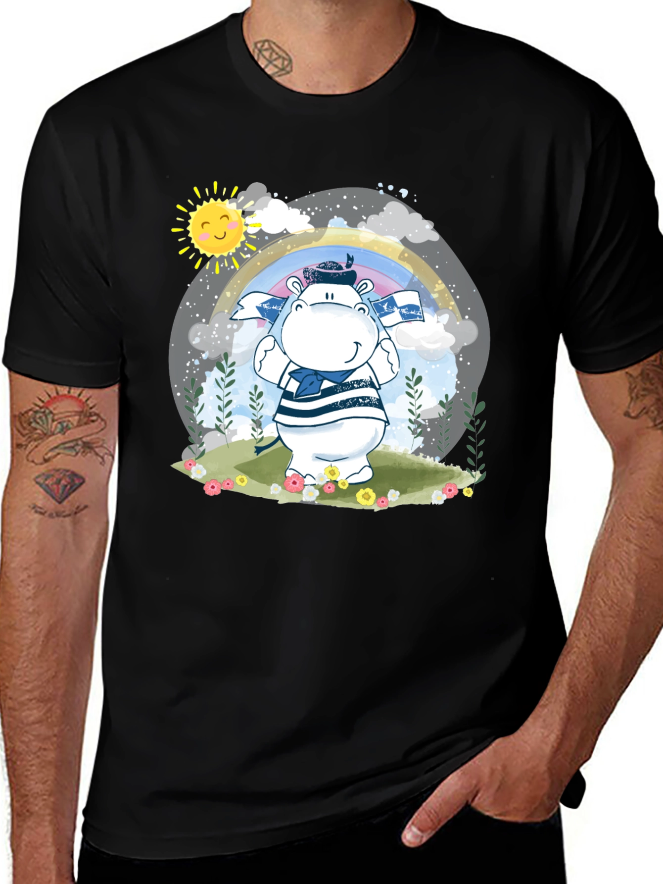 Cute Hippo Sailor T-Shirt - Black Cotton Tee