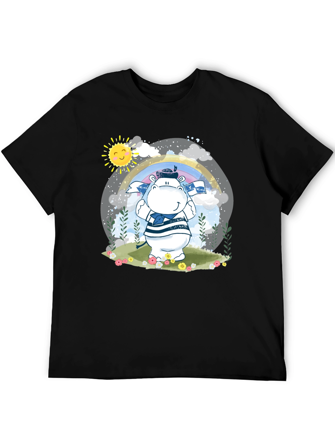 Cute Hippo Sailor T-Shirt - Black Cotton Tee