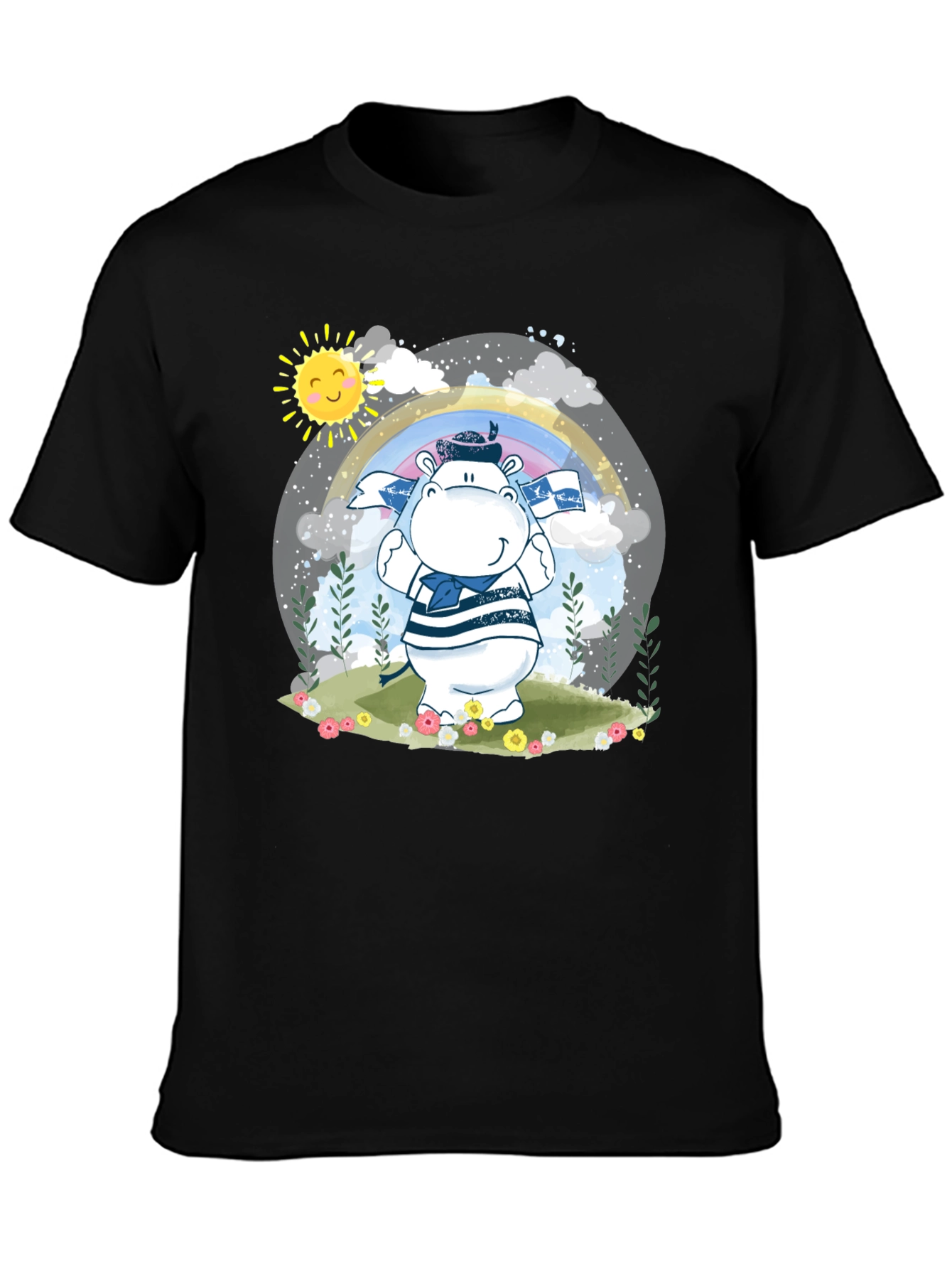 Cute Hippo Sailor T-Shirt - Black Cotton Tee