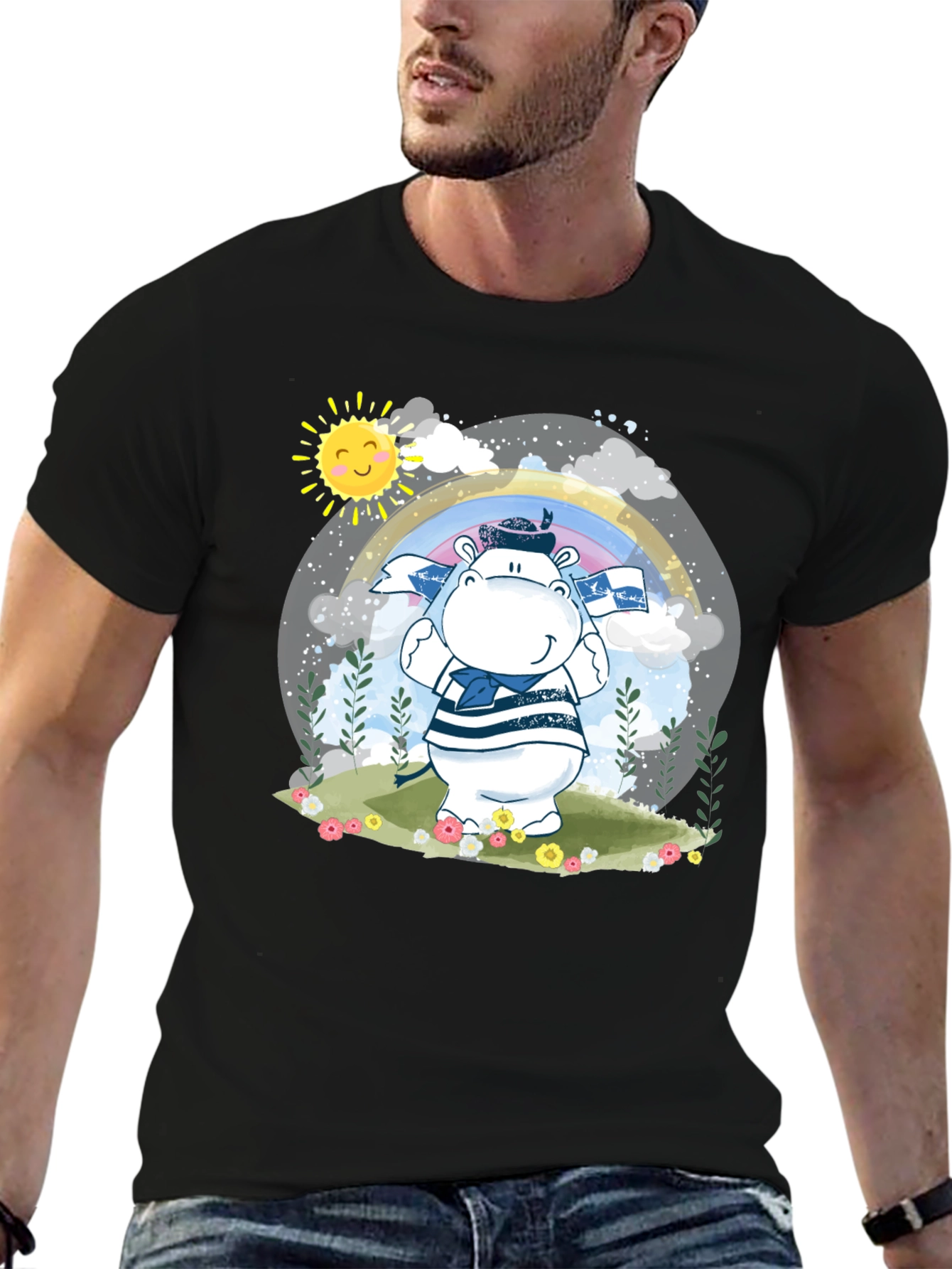 Cute Hippo Sailor T-Shirt - Black Cotton Tee