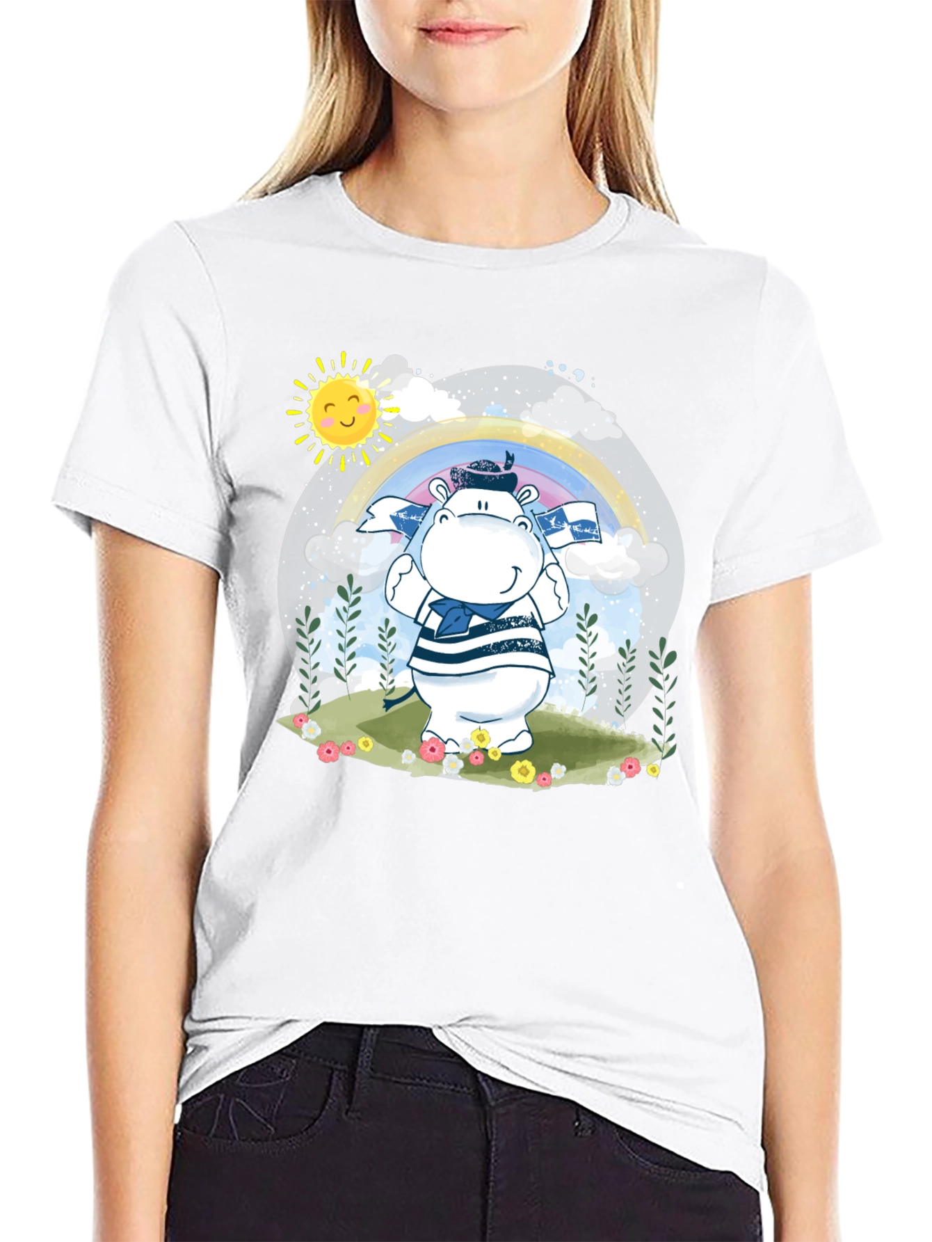 Cute Hippo Sailor T-Shirt - Black Cotton Tee
