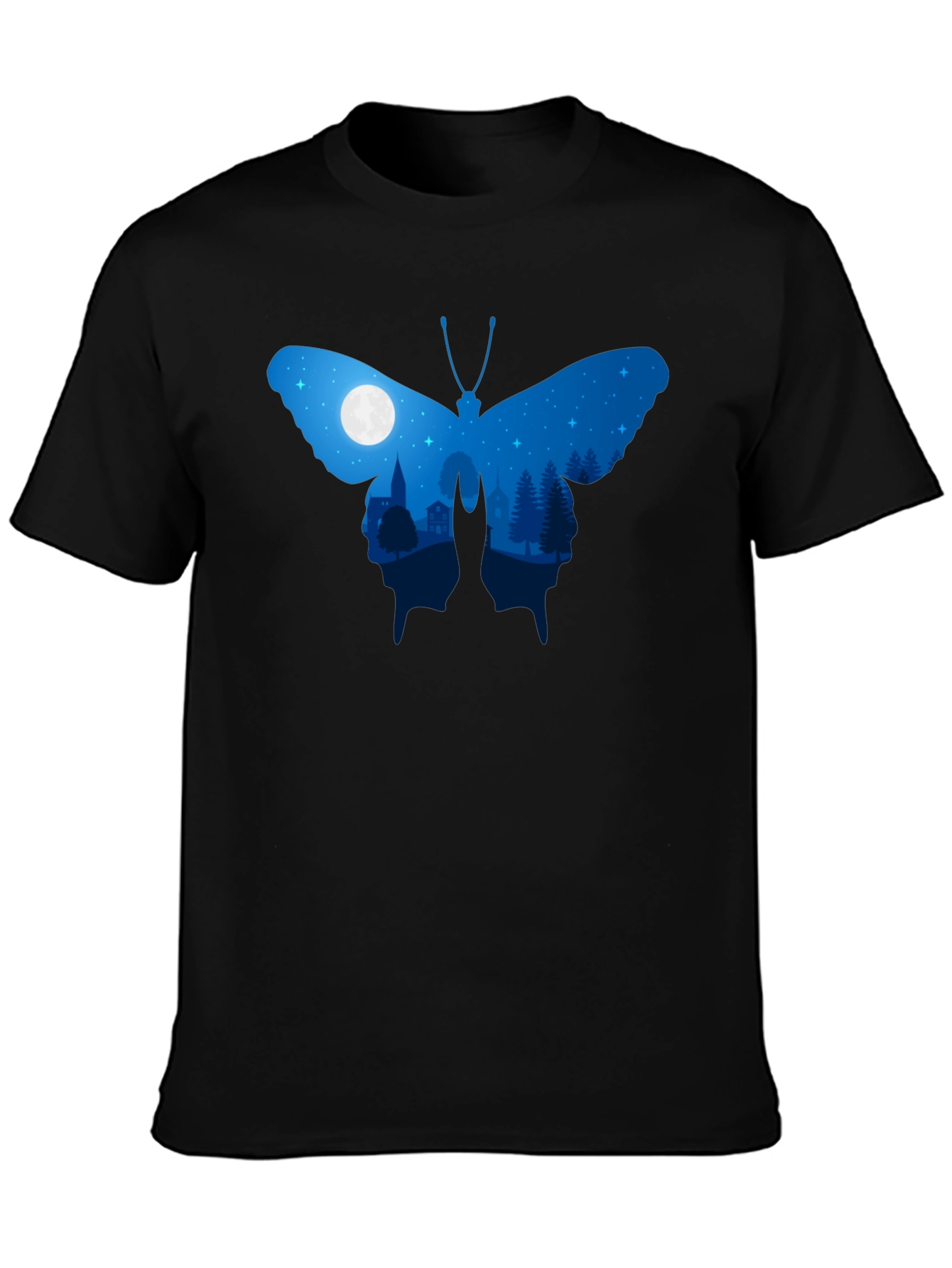 Butterfly Nightscape Graphic Tee - Black Cotton Blend