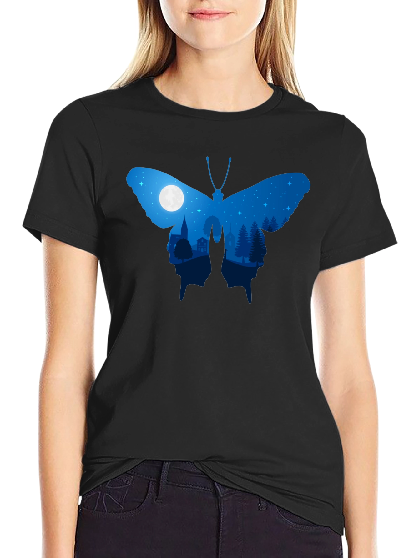 Butterfly Nightscape Graphic Tee - Black Cotton Blend