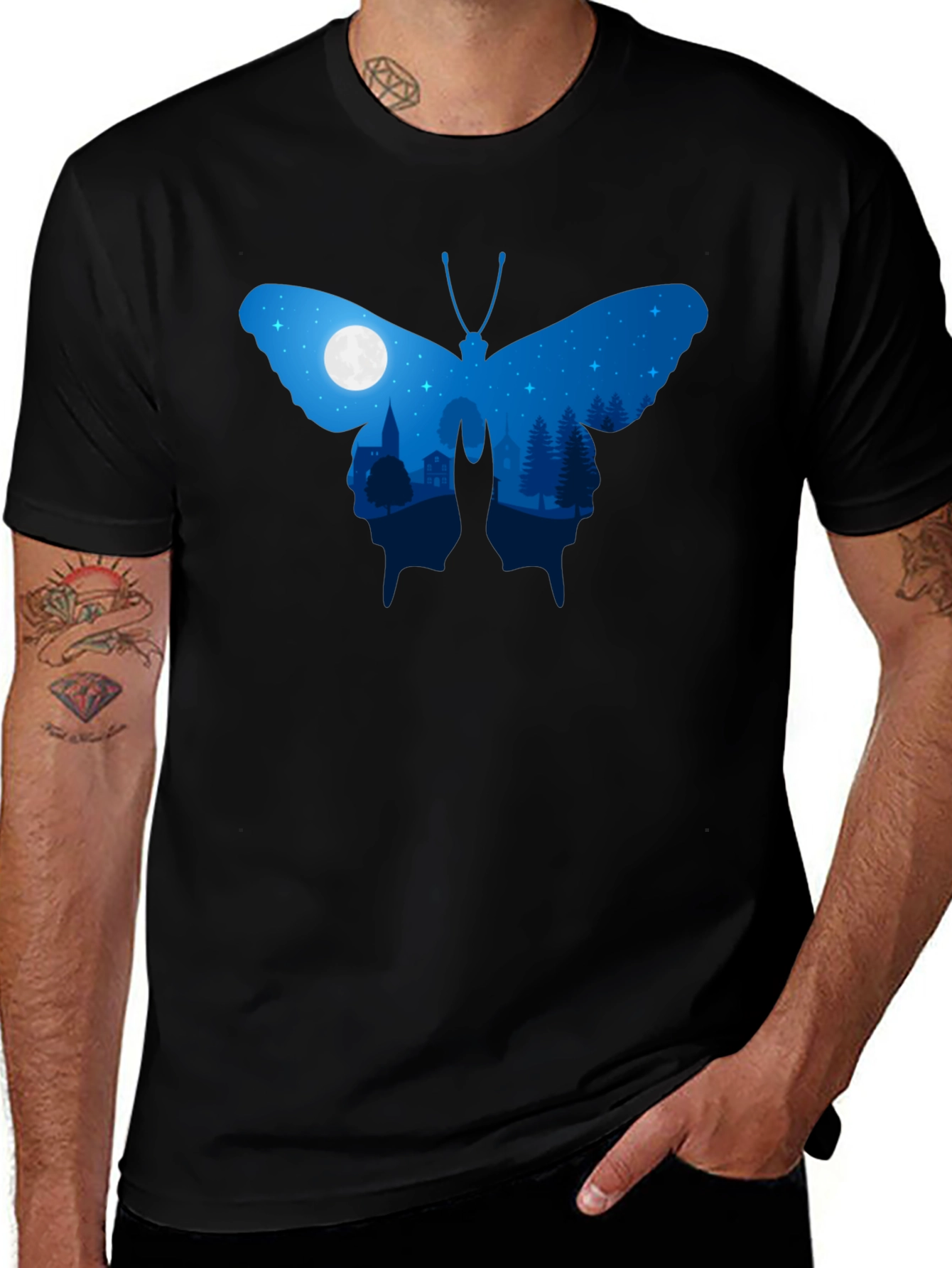 Butterfly Nightscape Graphic Tee - Black Cotton Blend